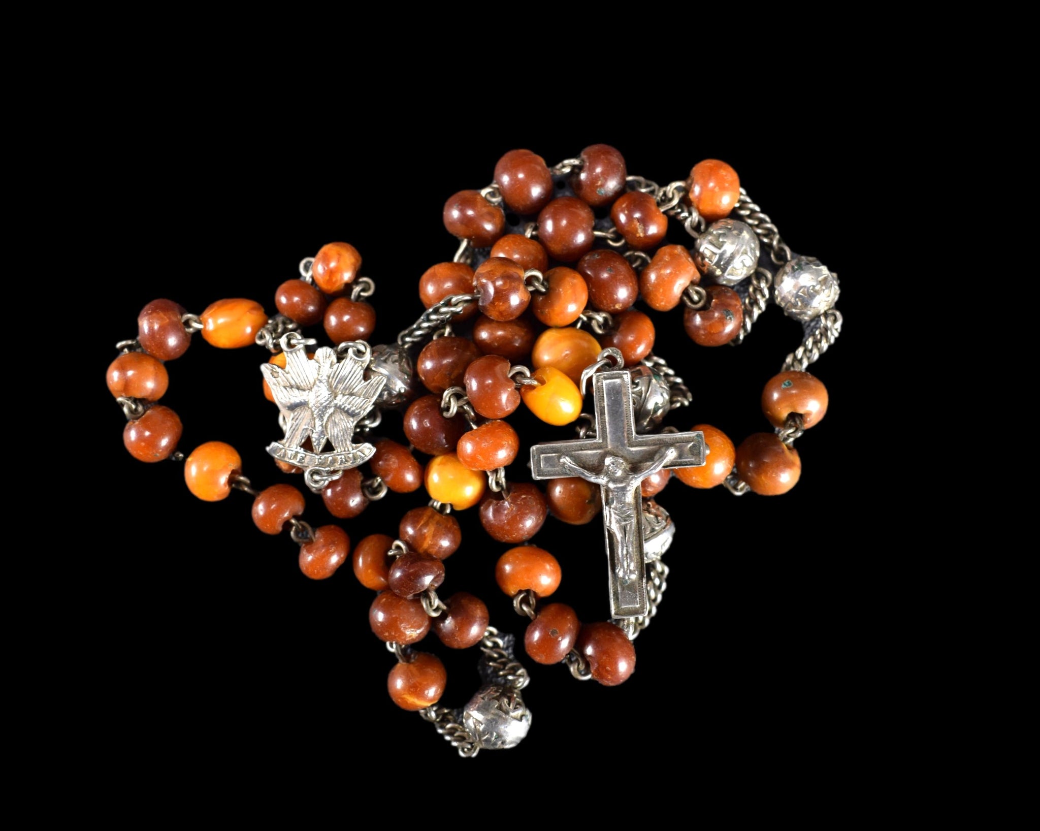 C19th Antique Baltic Cherry Amber Sterling Silver Rosary Reliquary Cross