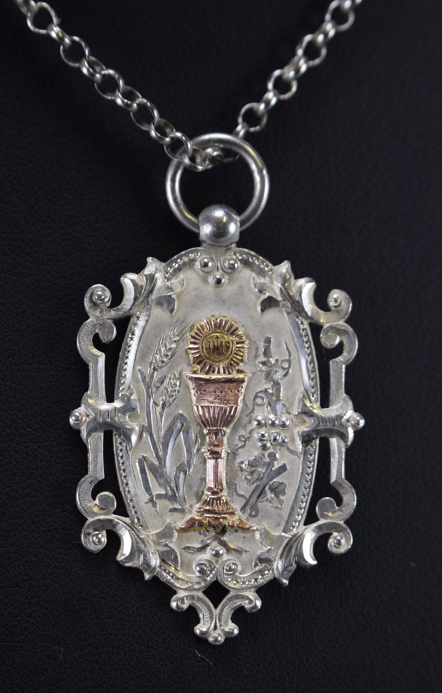 Antique Sterling Silver Chalice Medal Pendant Necklace