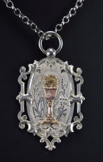 Antique Sterling Silver Chalice Medal Pendant Necklace
