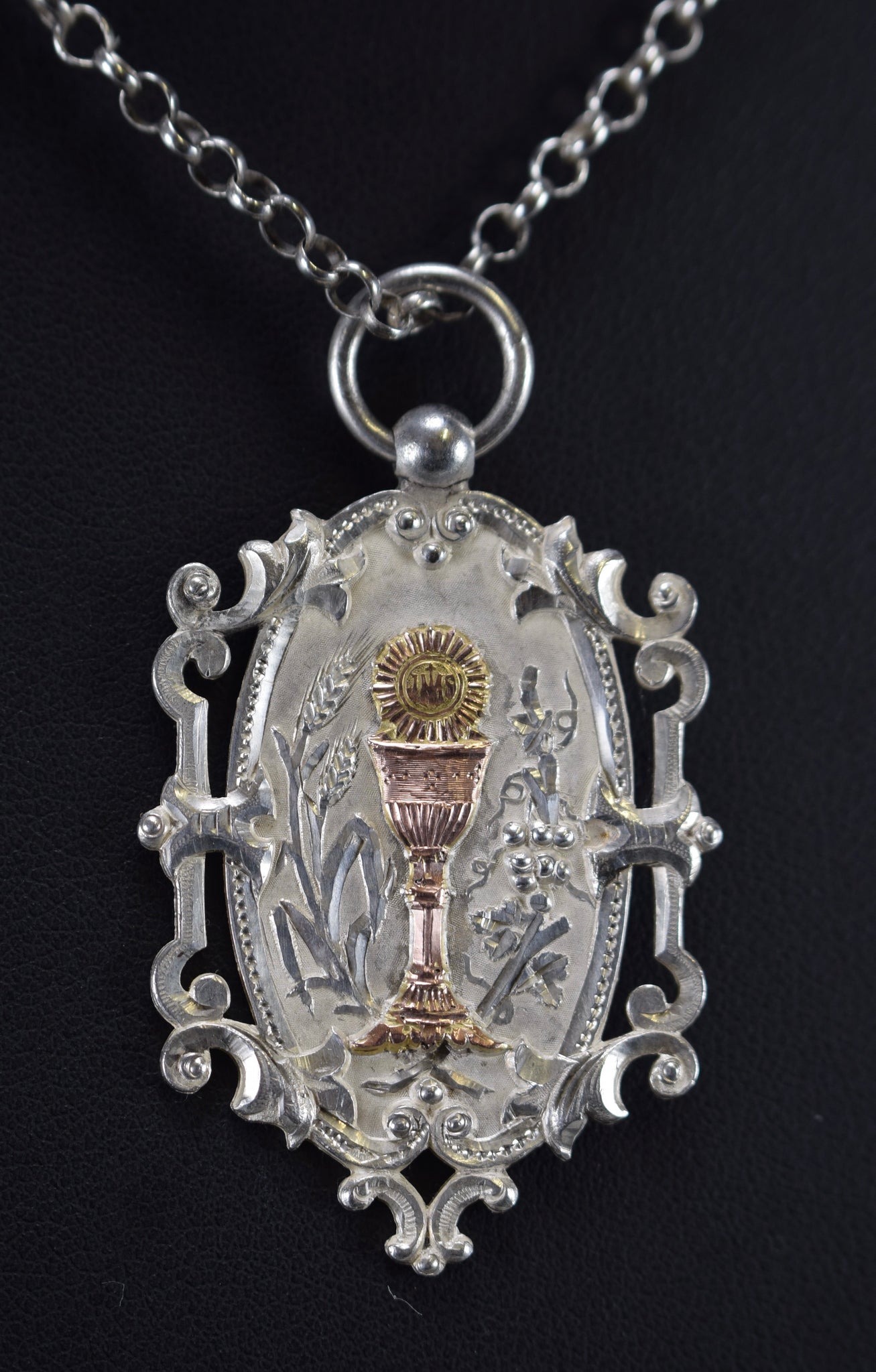Antique Sterling Silver Chalice Medal Pendant Necklace