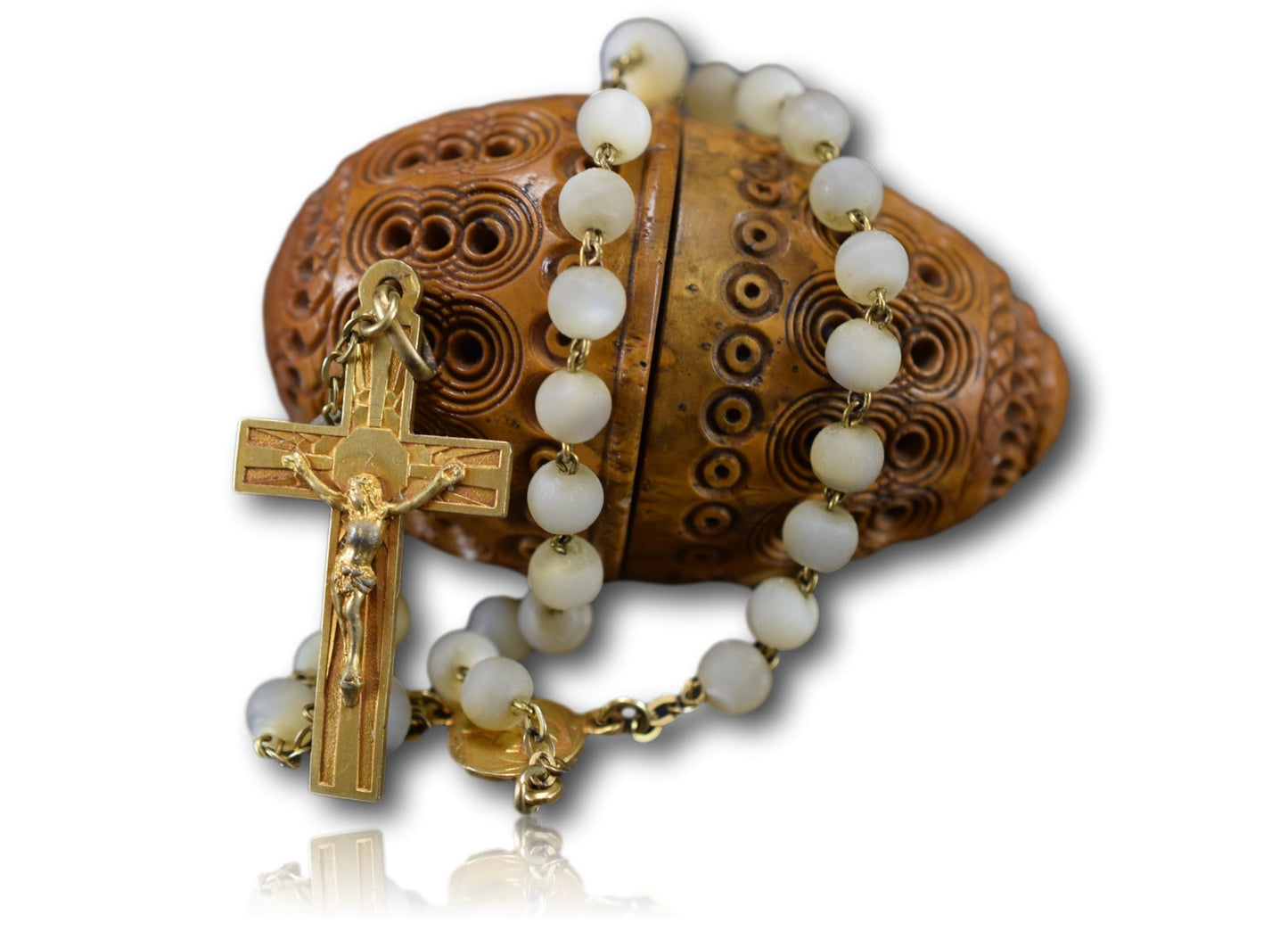 French Antique Carved Corozo Tagua Nut Rosary Box Case