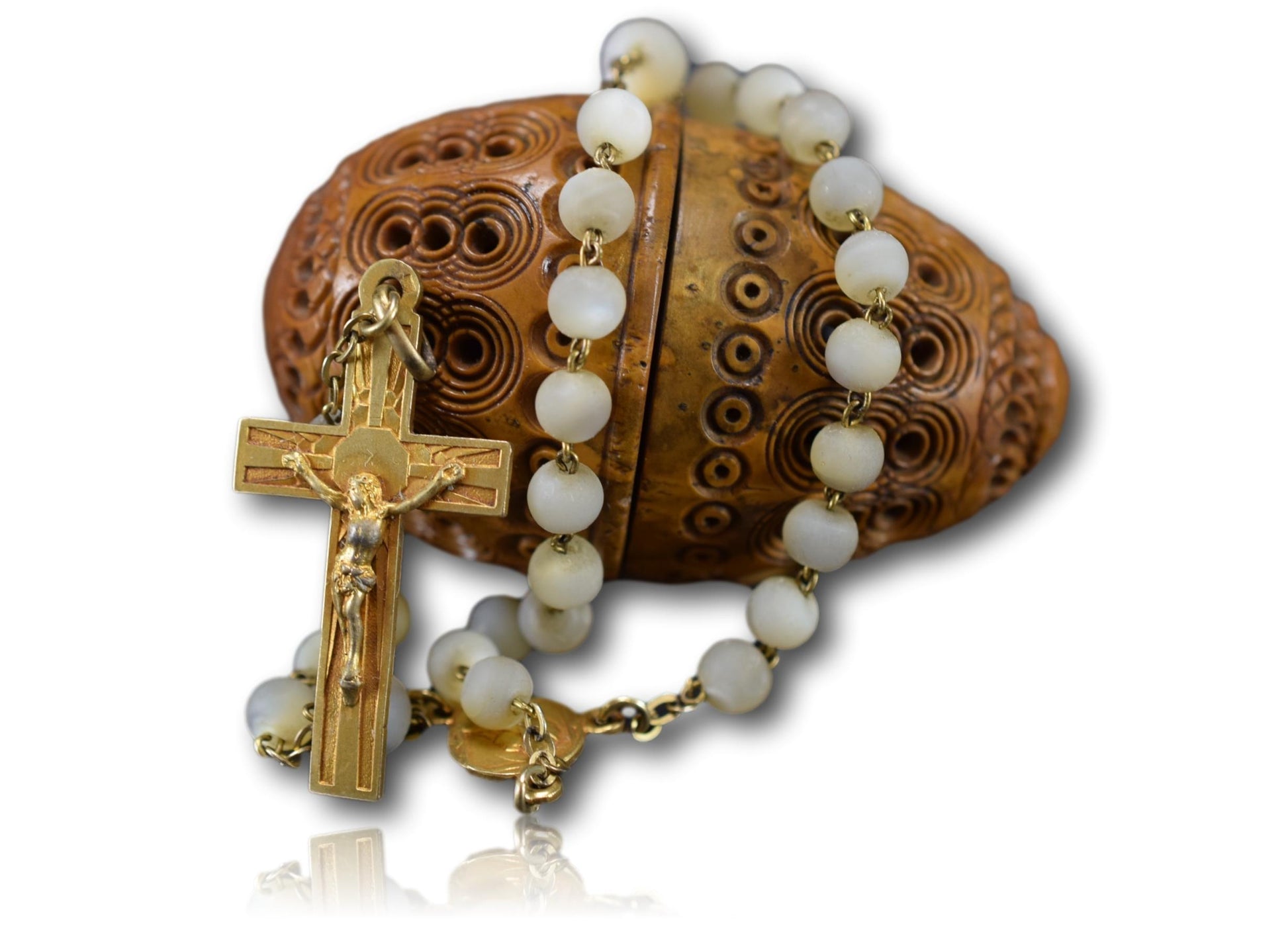 French Antique Carved Corozo Tagua Nut Rosary Box Case