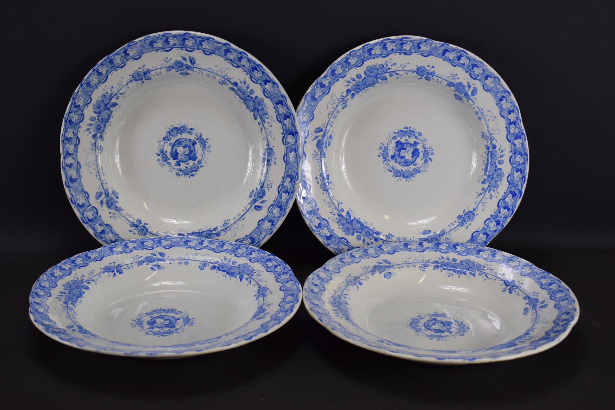 Creil & Montereau Blue Transferware Set of 4 Soup Plates Vine