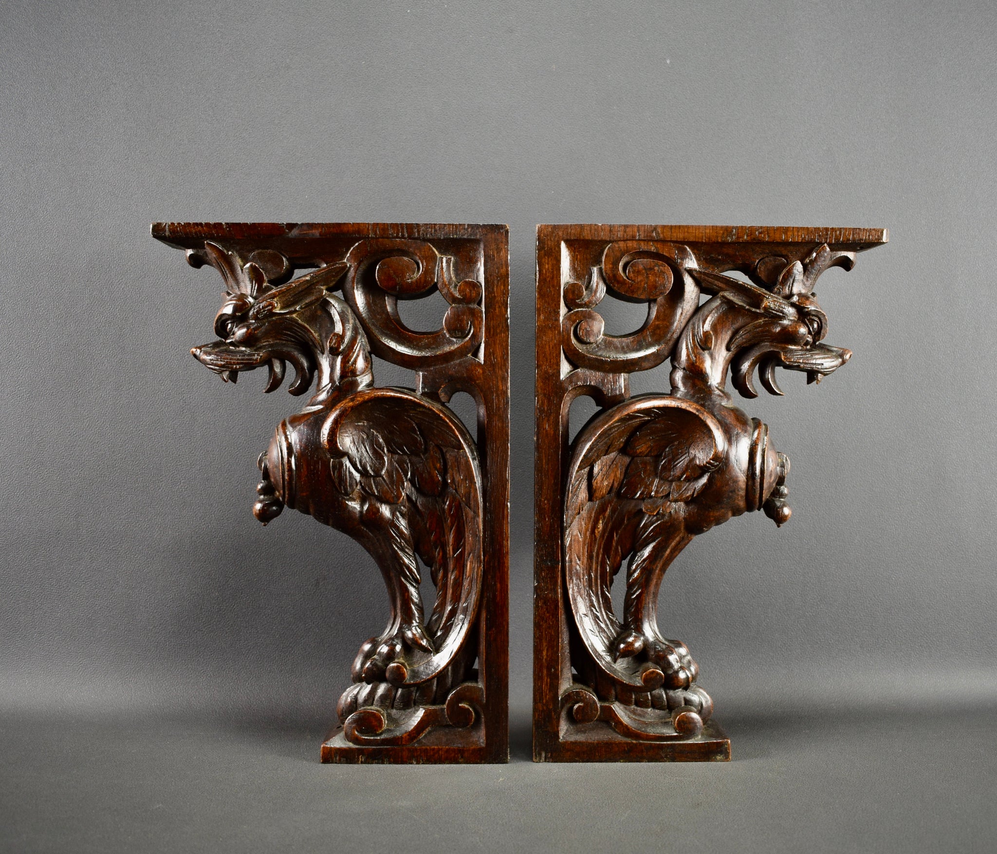  Vintage French Pair of Carved Wooden Console 19th Chimera