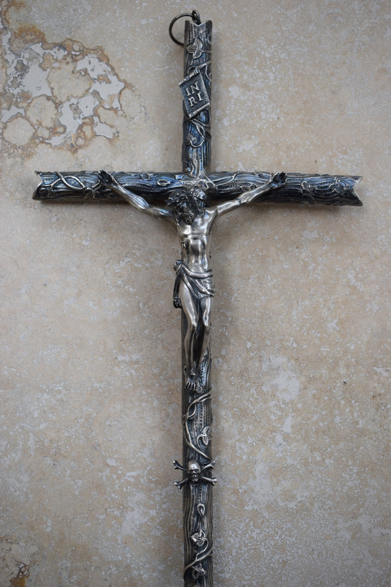 Sterling Silver Wall Crucifix, 11" Jesus Christ on the Cross, Skull Cross Bones