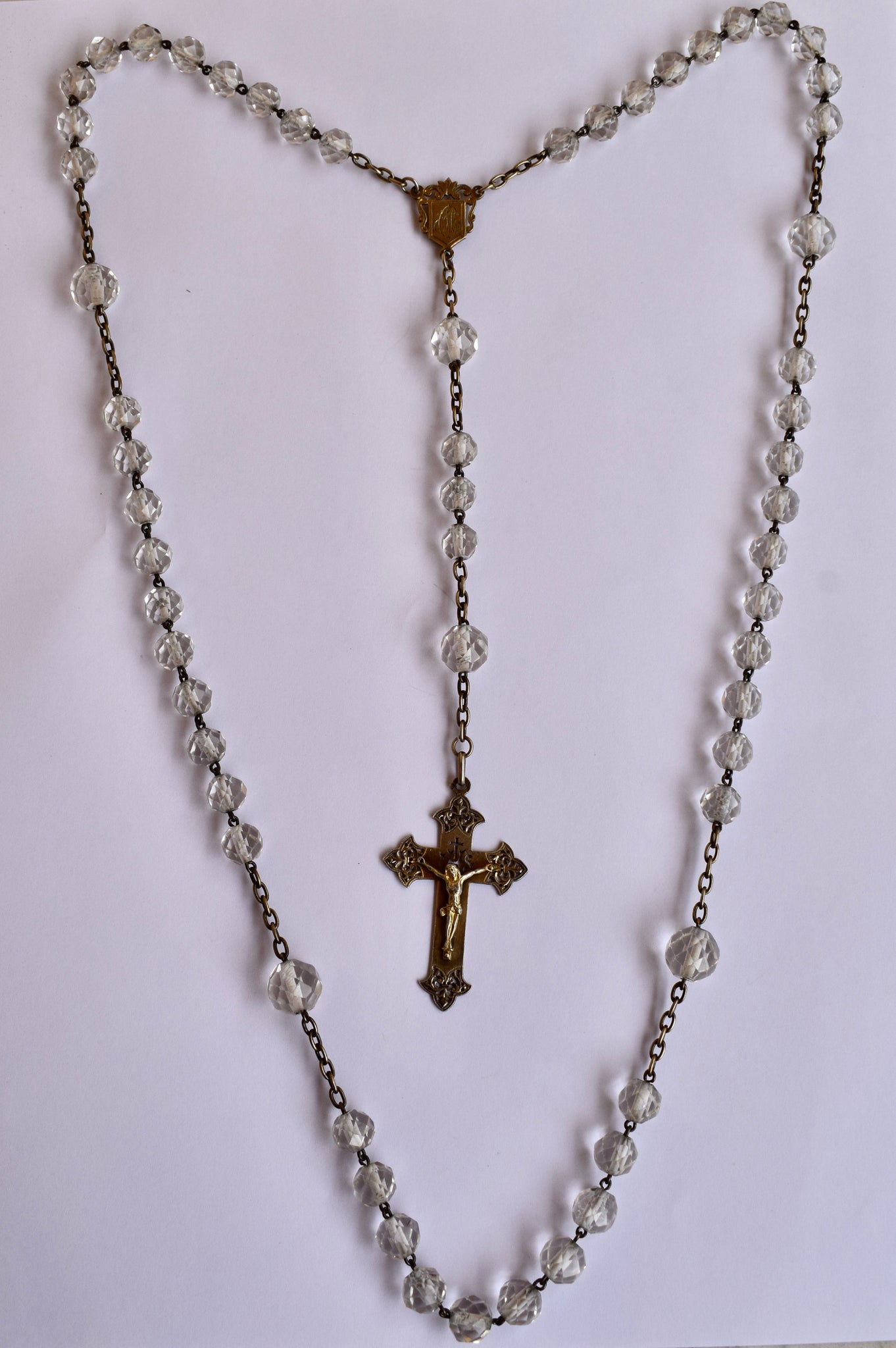 Large Antique French Religious Glass Beads Sterling Silver Rosary 1890