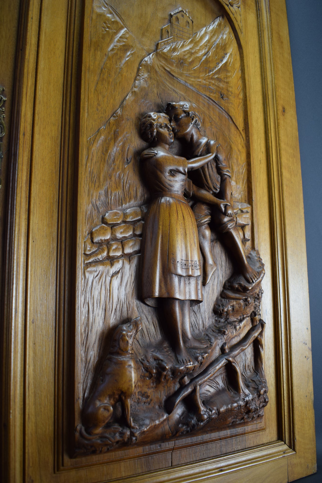 Large Hand Carved Wood Cupboard Door Couple