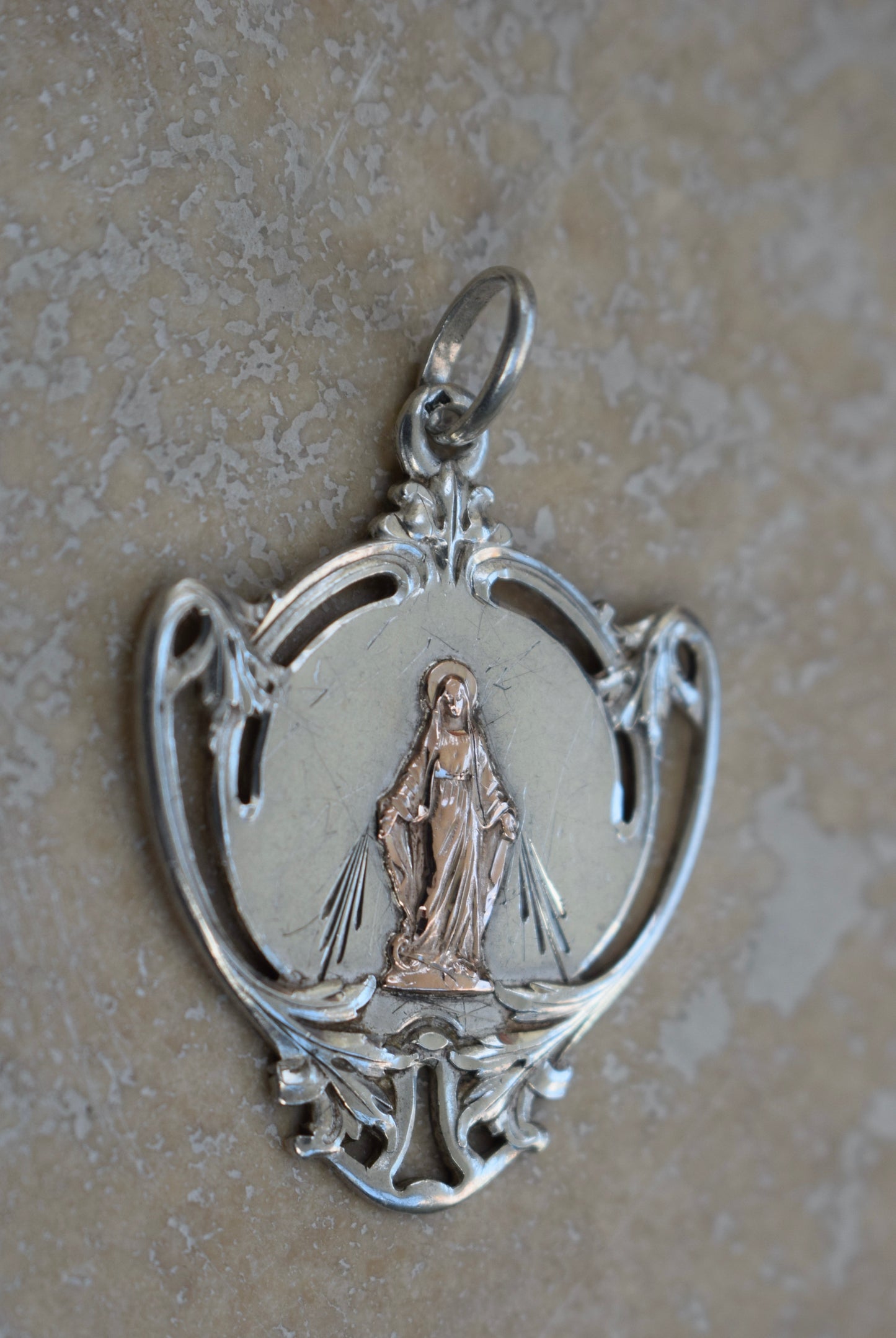 Art Nouveau Sterling Silver Medal Virgin Mary Pendant Gold