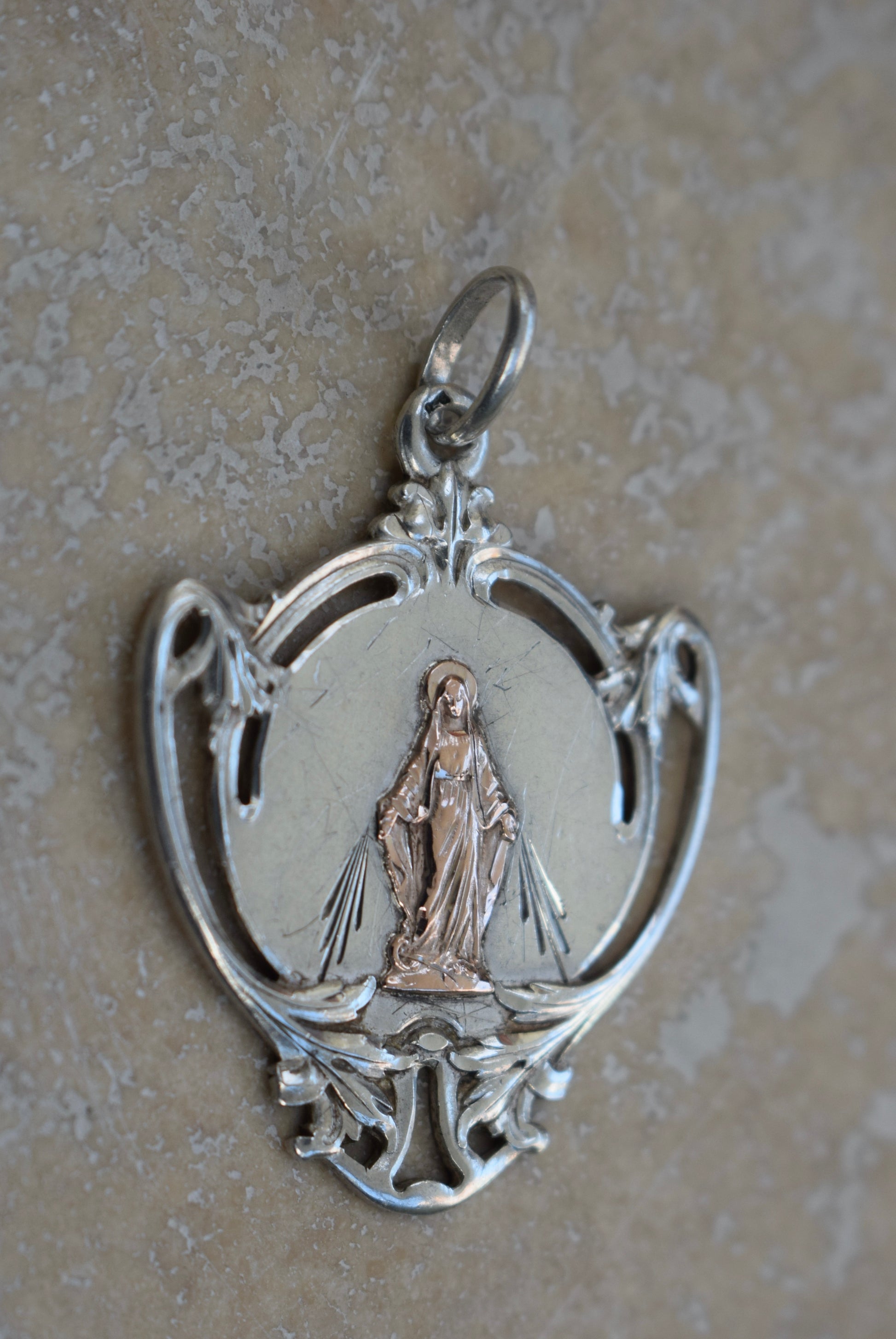 Art Nouveau Sterling Silver Medal Virgin Mary Pendant Gold