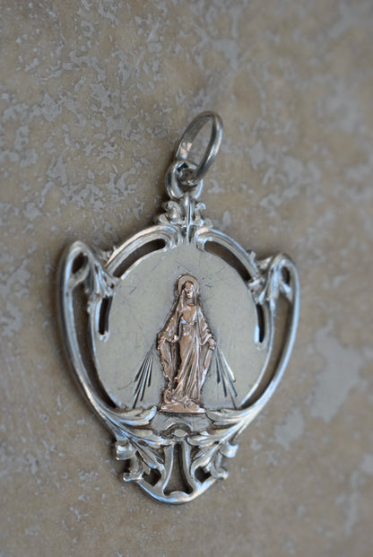 Art Nouveau Sterling Silver Medal Virgin Mary Pendant Gold