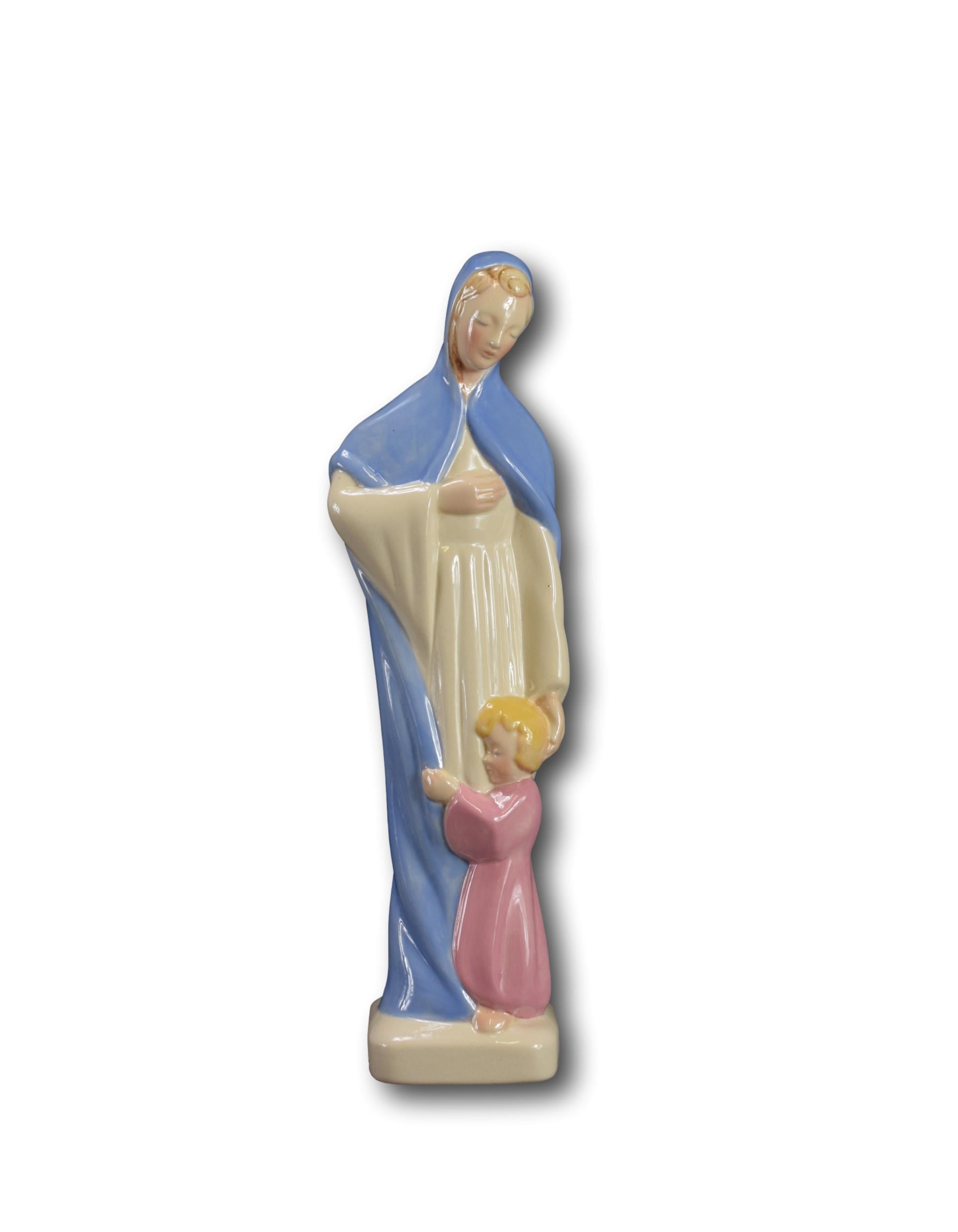 Religious Statue Desvres Virgin Mary and baby retailer Jesus Faience signed w335