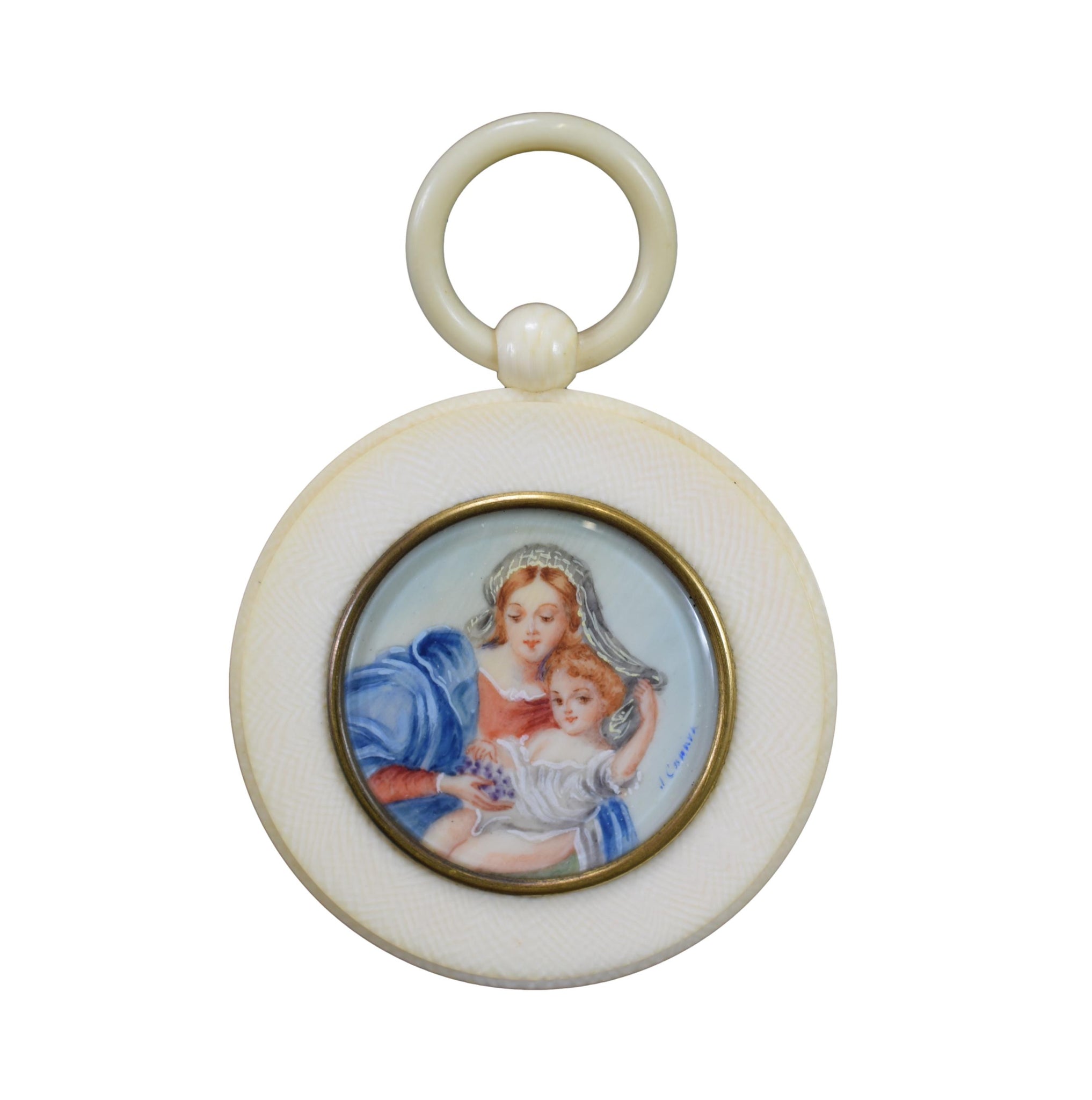 Miniature Portrait Virgin Mary and Jesus Hand Painted Medallion Cradle