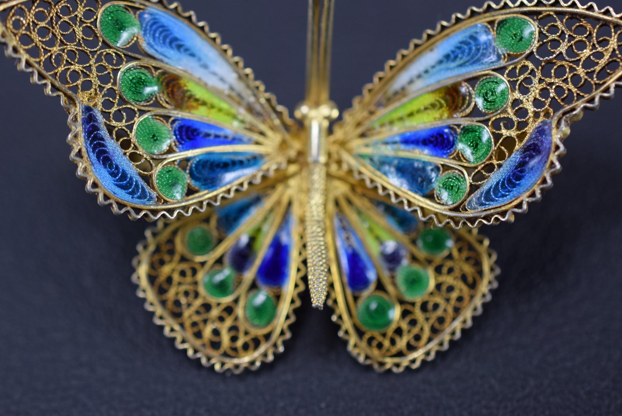 Enamel Filigree Silver Butterfly Brooch