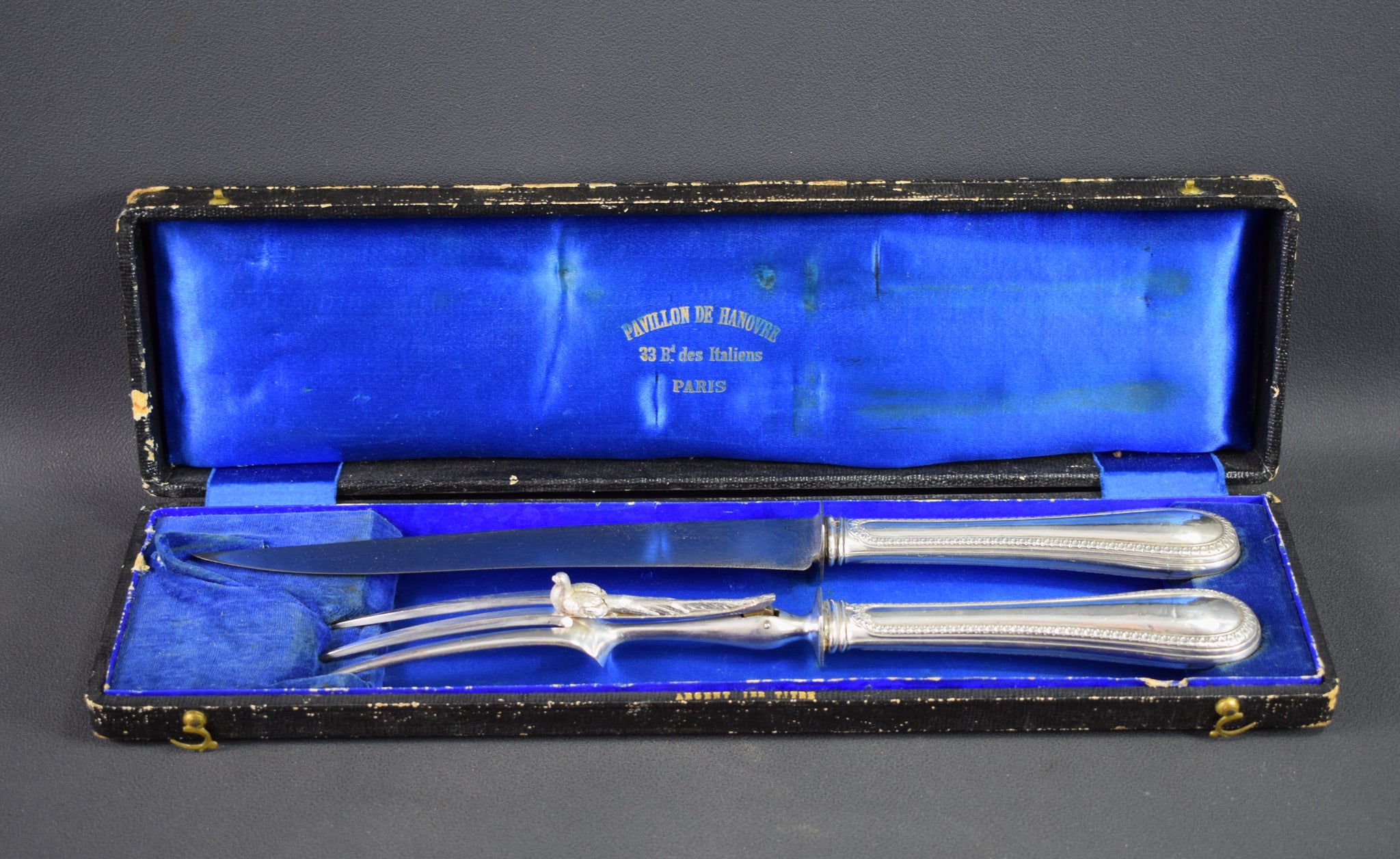 Vintage French 2pc Solid silver Carving Knife Set Minerva Hallmark 19th 