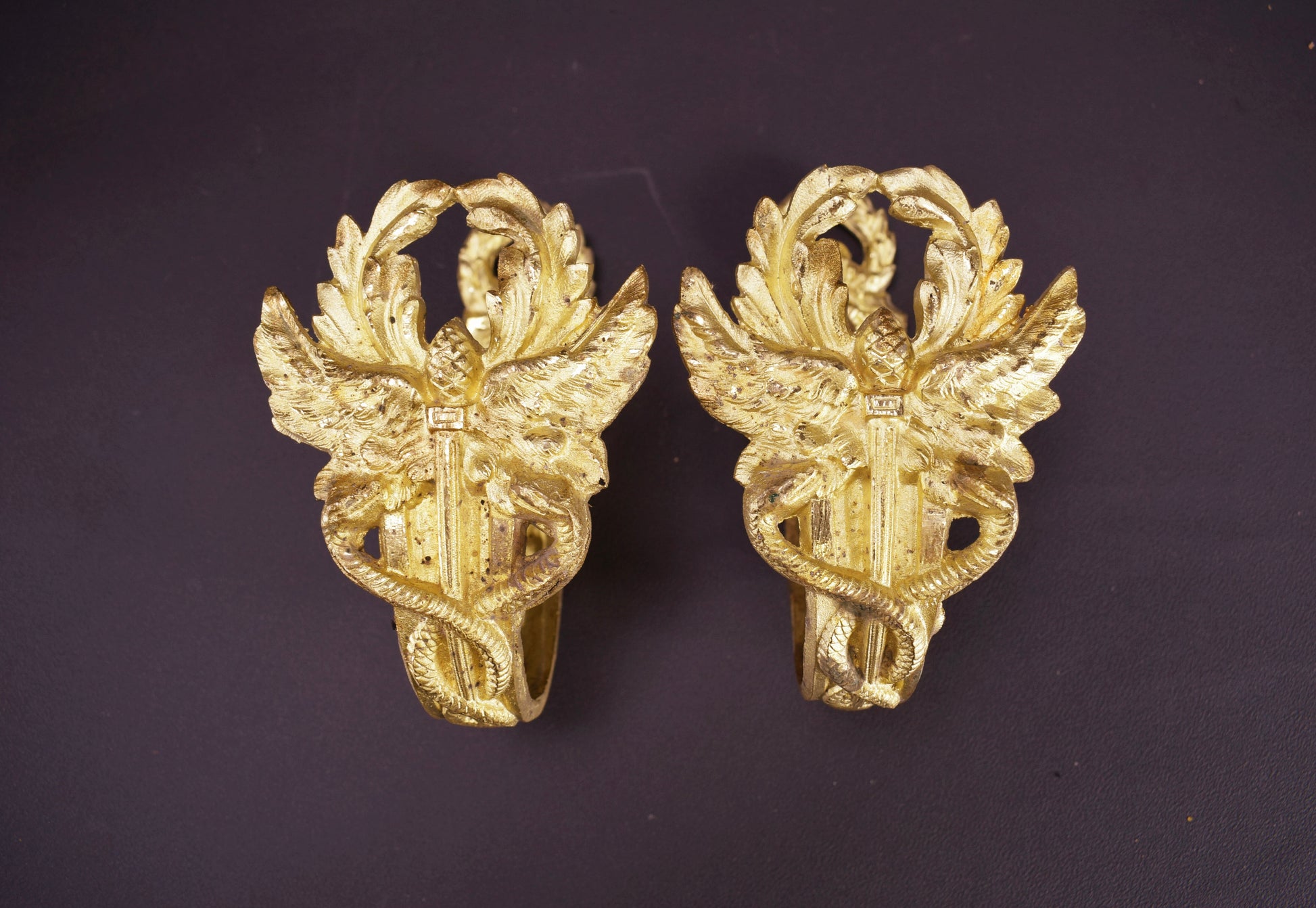 Antique Bronze Caduceus Holdbacks Drapery Tie Back Curtain Holder Wall Hooks