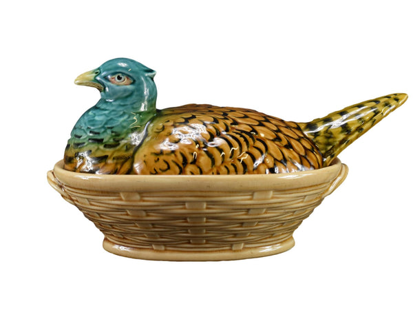 French Sarreguemines Majolica Trompe l'Oeil Pheasant Covered Tureen Terrine