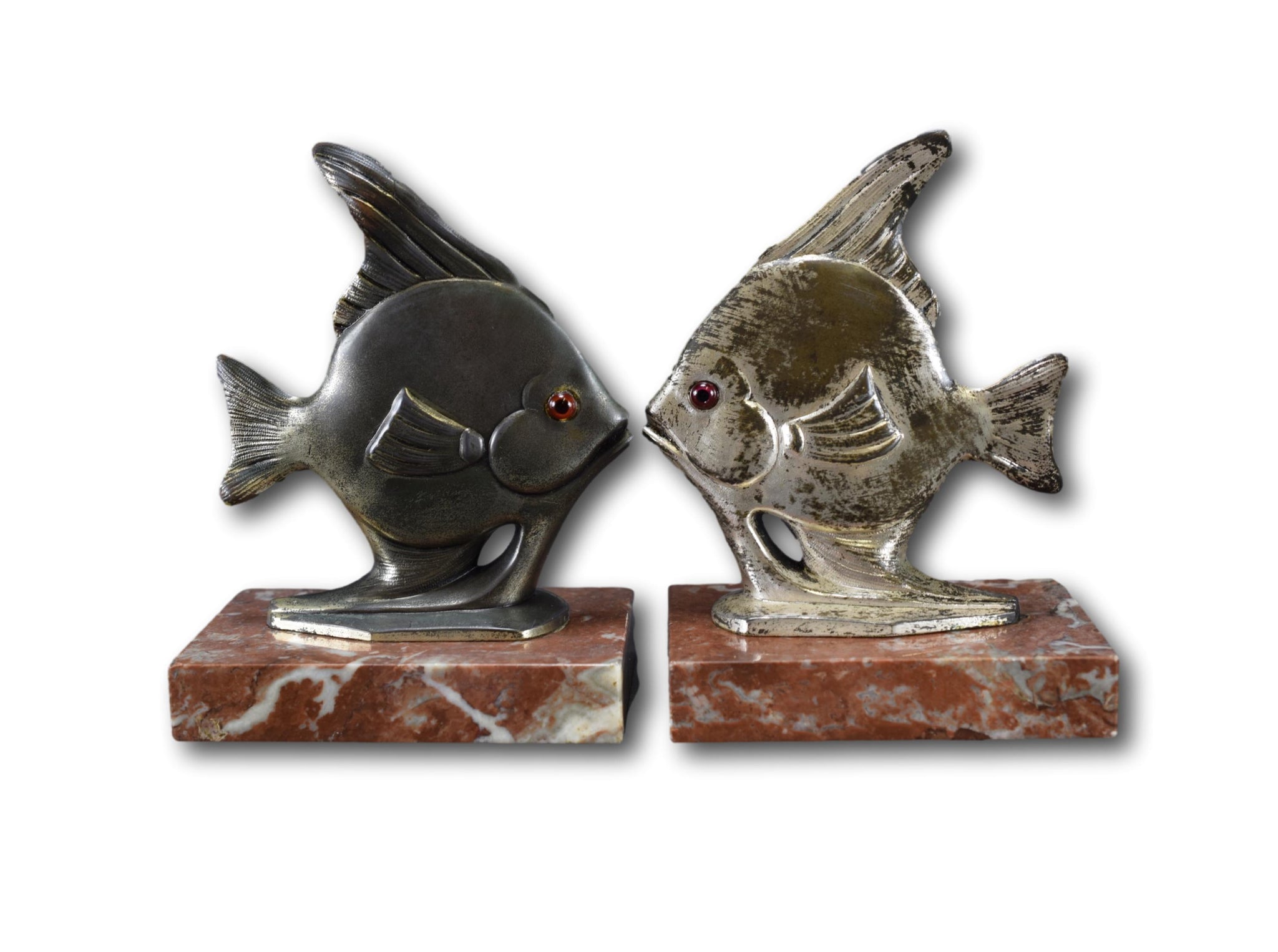 French Art Deco Pair of Fish Bookends with Glass Eyes
