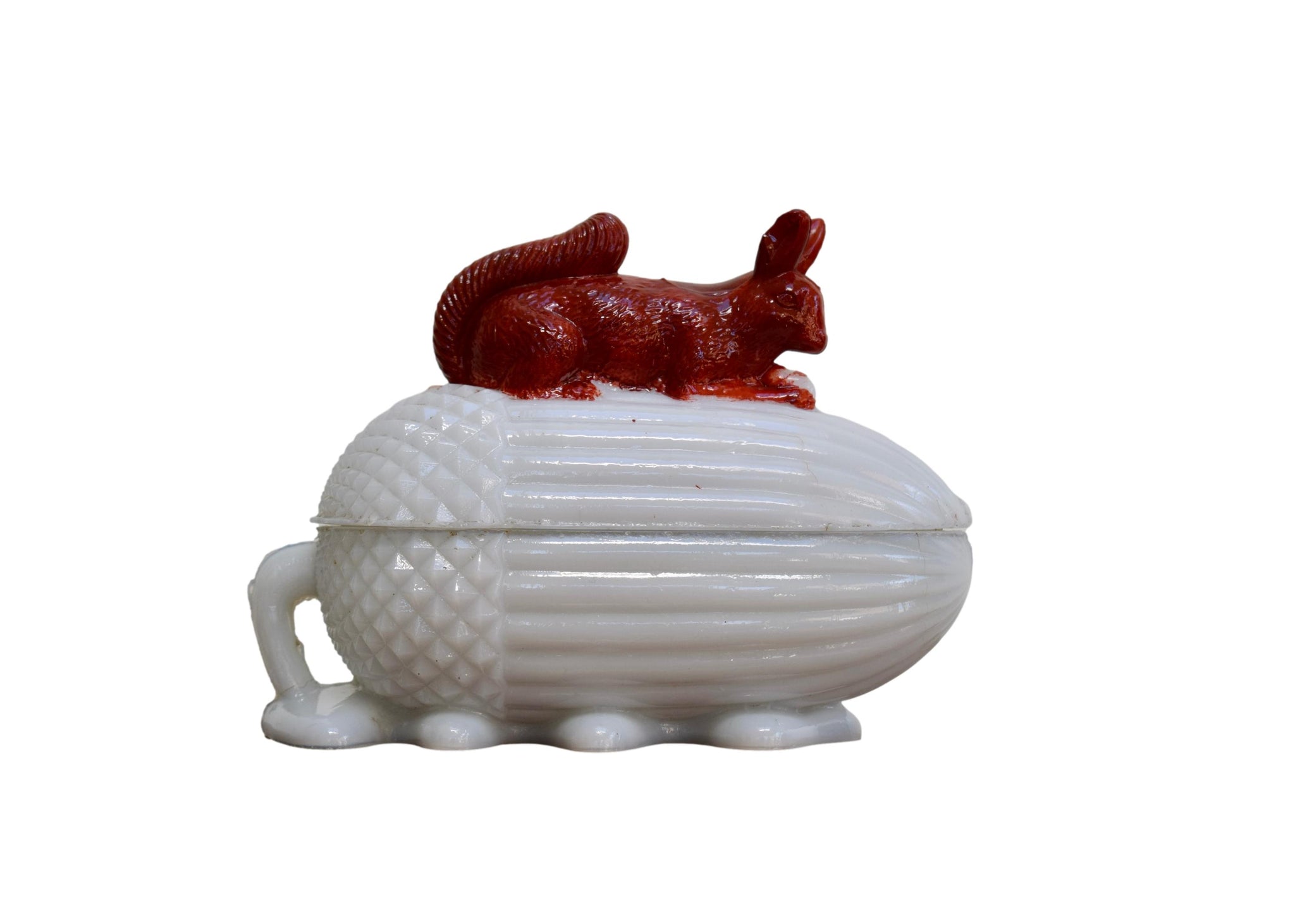 Vallerysthal Milk Glass Opaline Squirrel Lidded Box Acorn Autumn Sugar Bowl