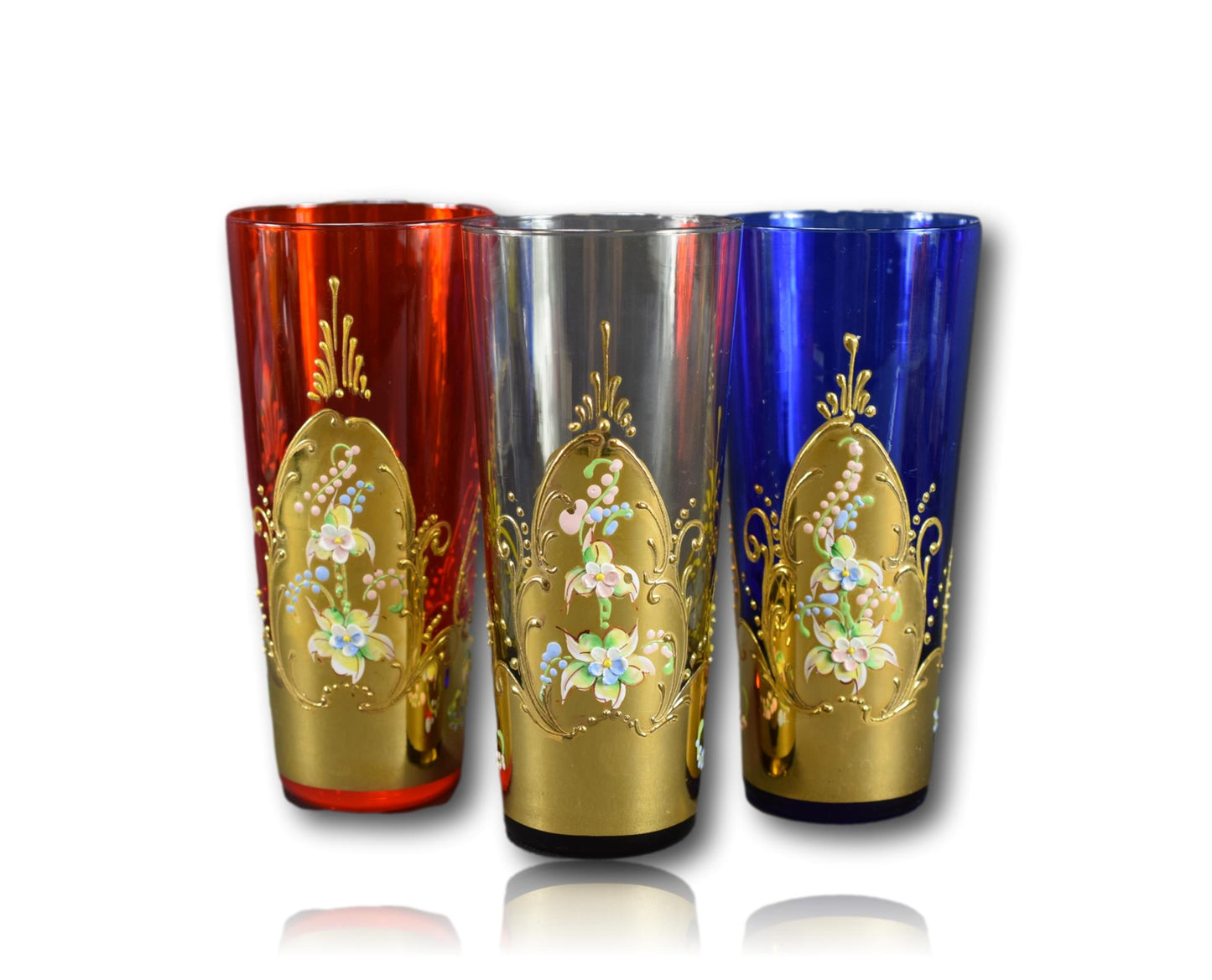 Set of Three Italian Vintage Murano Glass Orangeade Goblet Enamel Flower & 24K Gold 