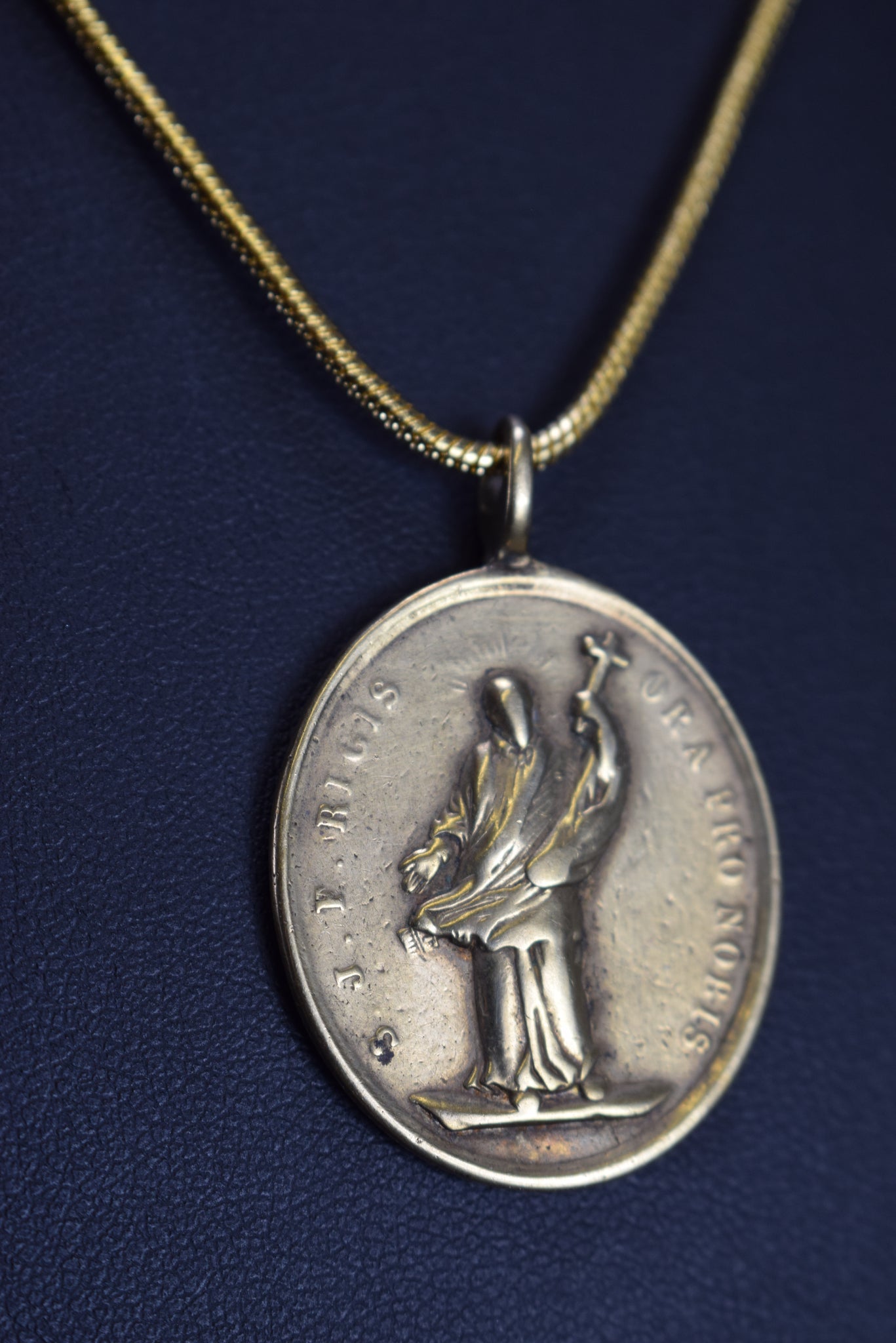 St John Francis Regis Antique Bronze Medal Jesus Mary Joseph Necklace