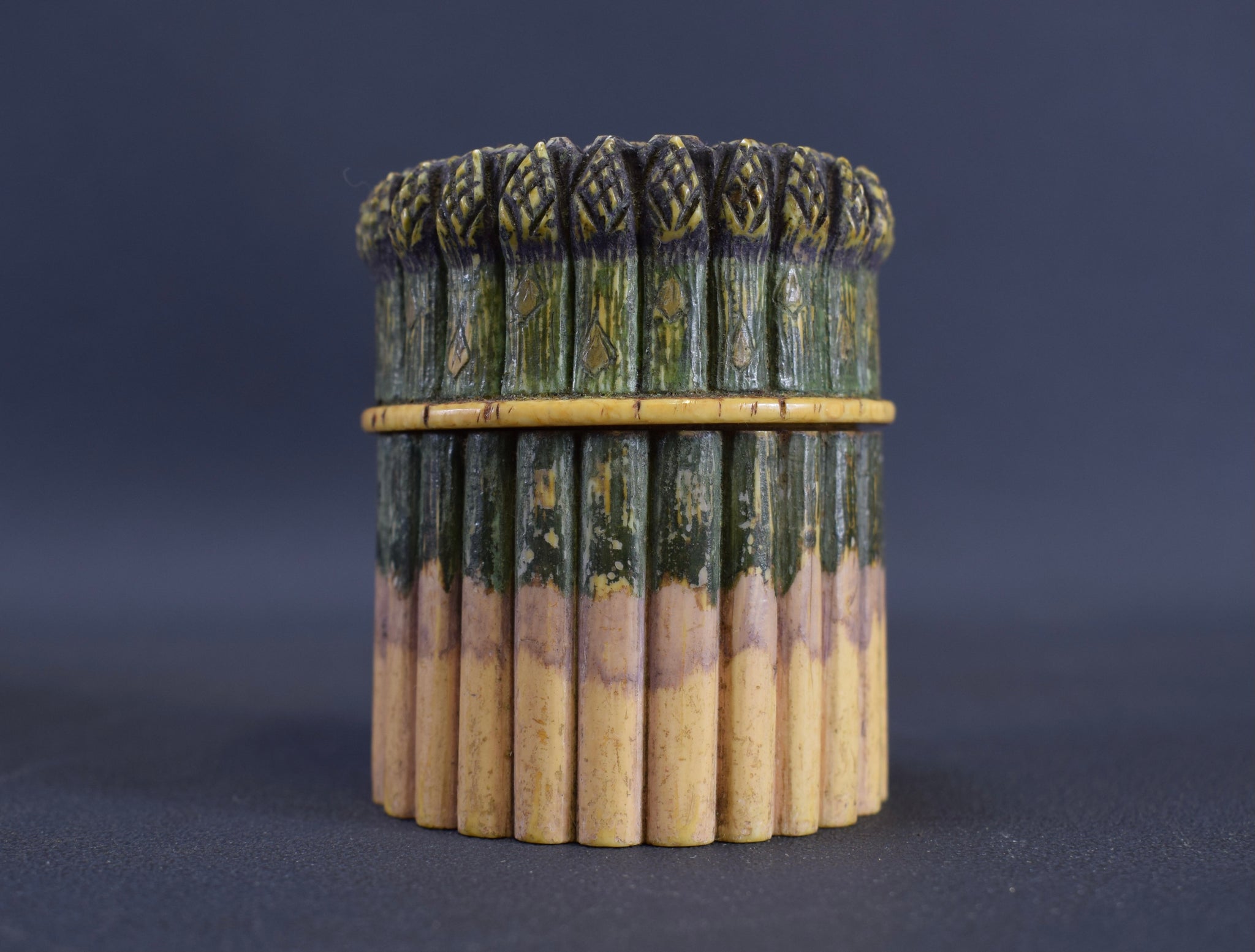 Antique Painted Carved Etui Necessaire Sewing Travel Case Trompe l'Oeil Asparagus