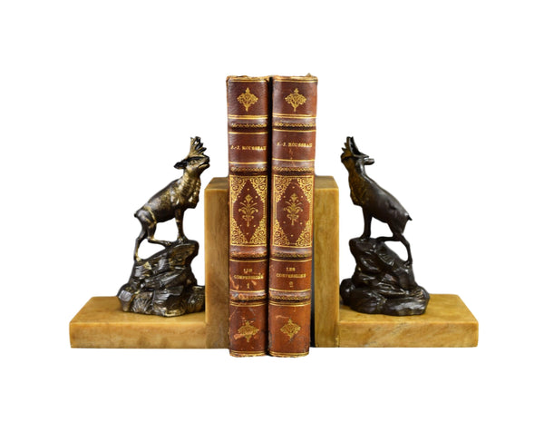 French Art Deco Bookends Elks Signed  Marble Base