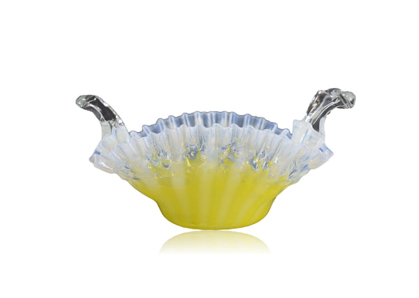 Victorian White & Yellow Vaseline Glass Basket Trinket Fruits Bowl