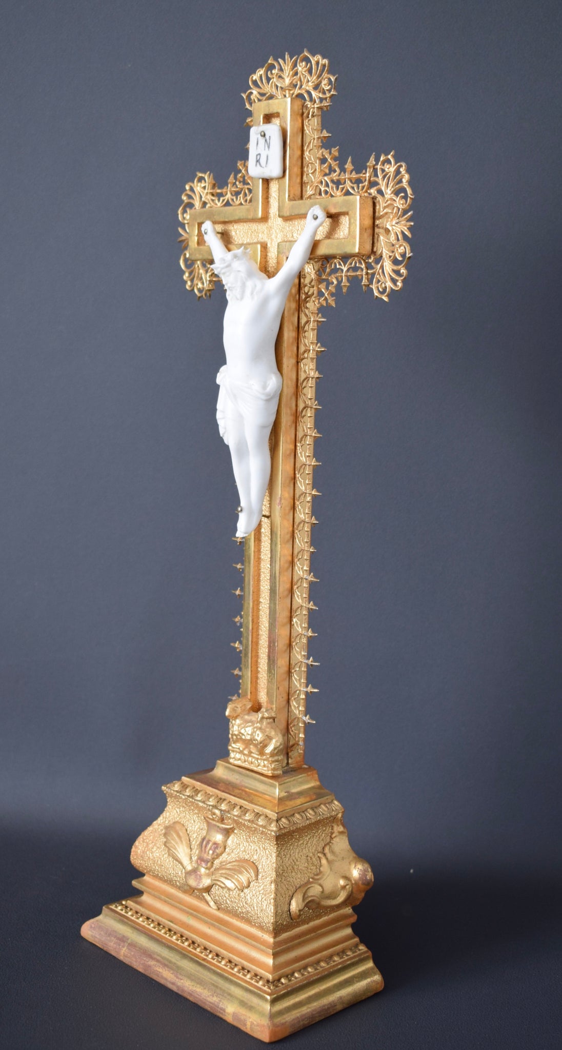 French Antique Wooden Crucifix and Gilded Stucco, Gilded Openwork  19th, Standing Cross