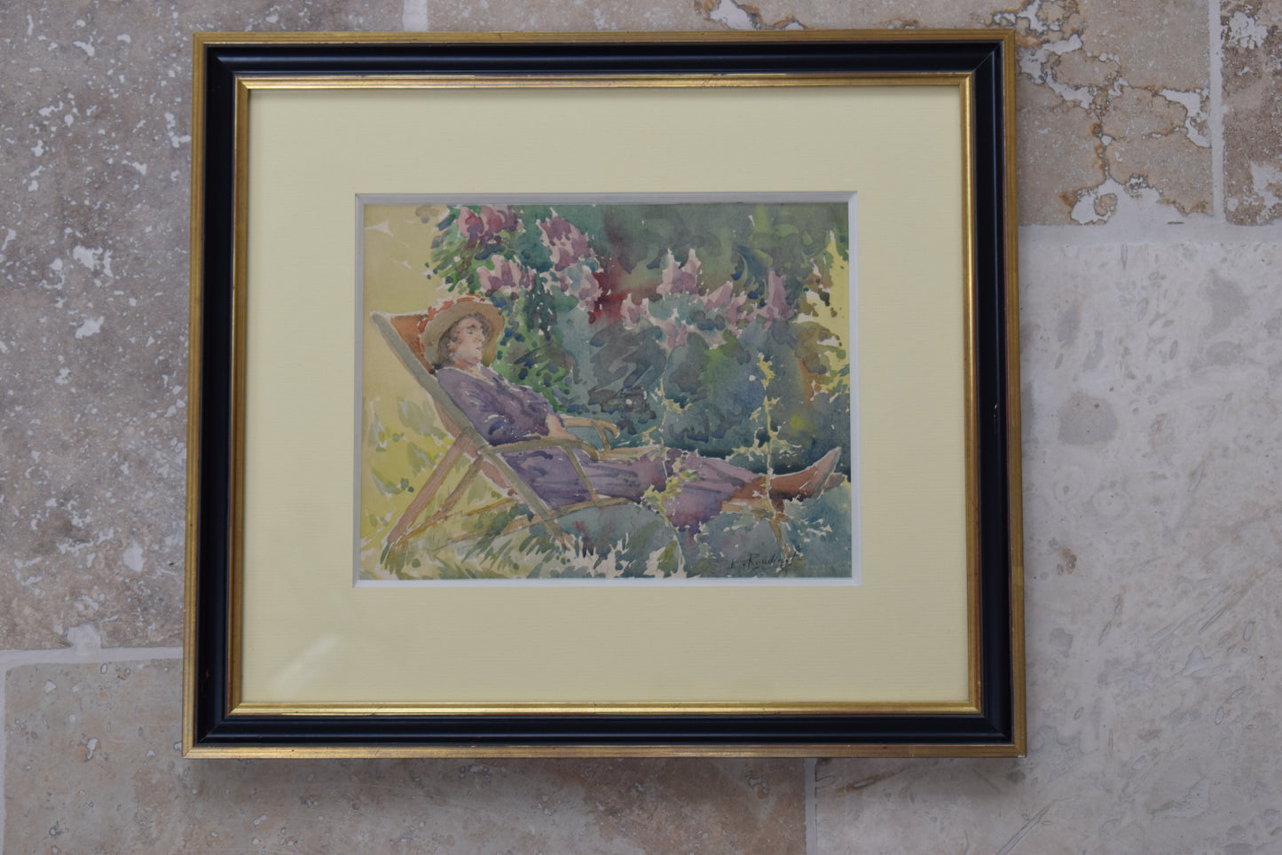 Watercolor Painting Frame Signed Emile Rondinet Woman resting Original Art