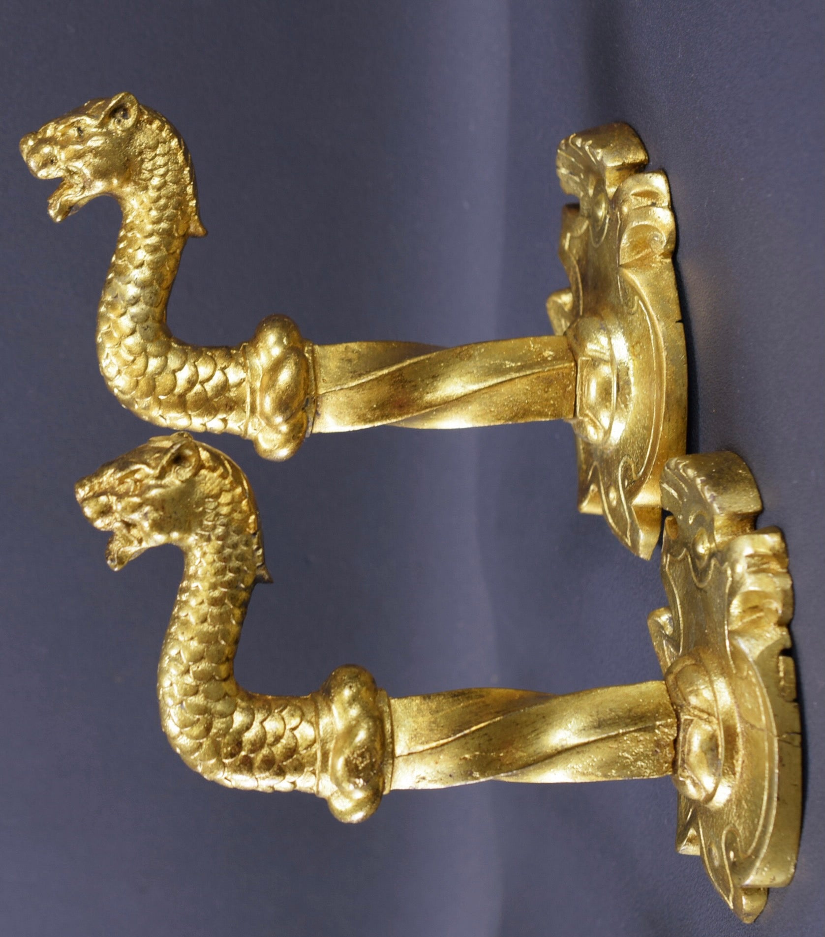 Gilt Bronze Panther Holdbacks Drapery Tie Back Curtain Holder Wall Hooks
