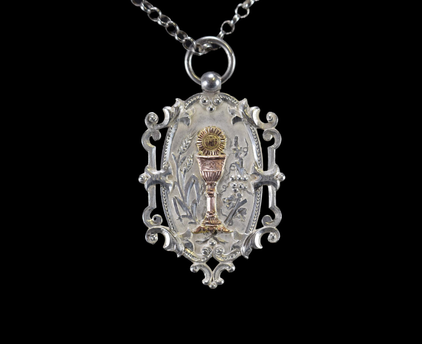 Antique Sterling Silver Chalice Medal Pendant Necklace