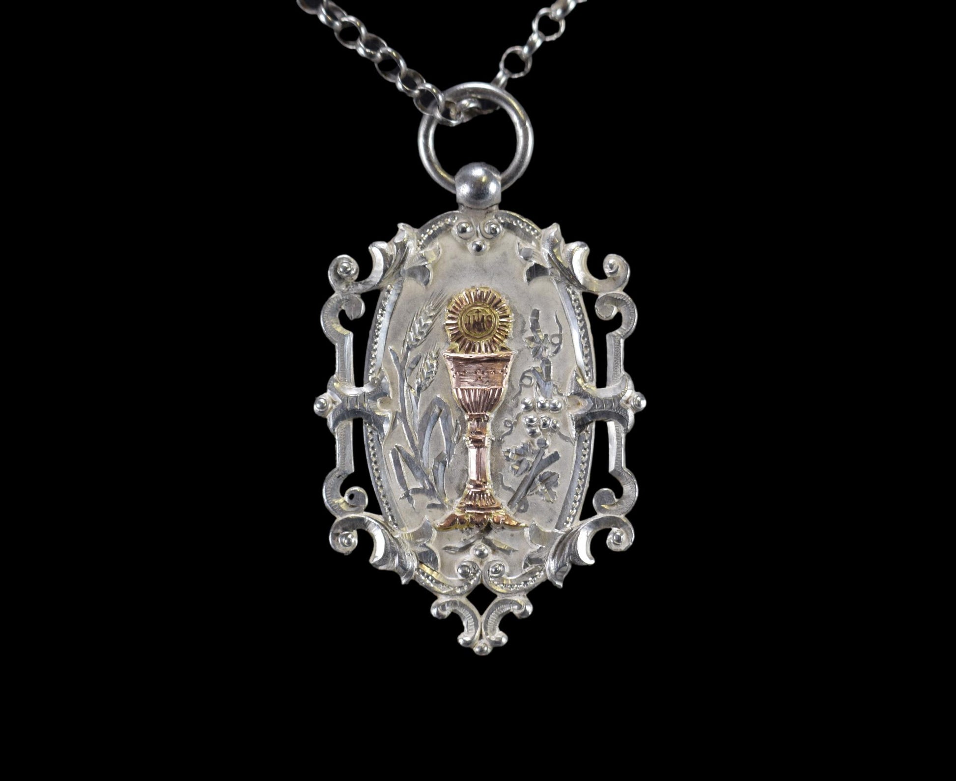 Antique Sterling Silver Chalice Medal Pendant Necklace