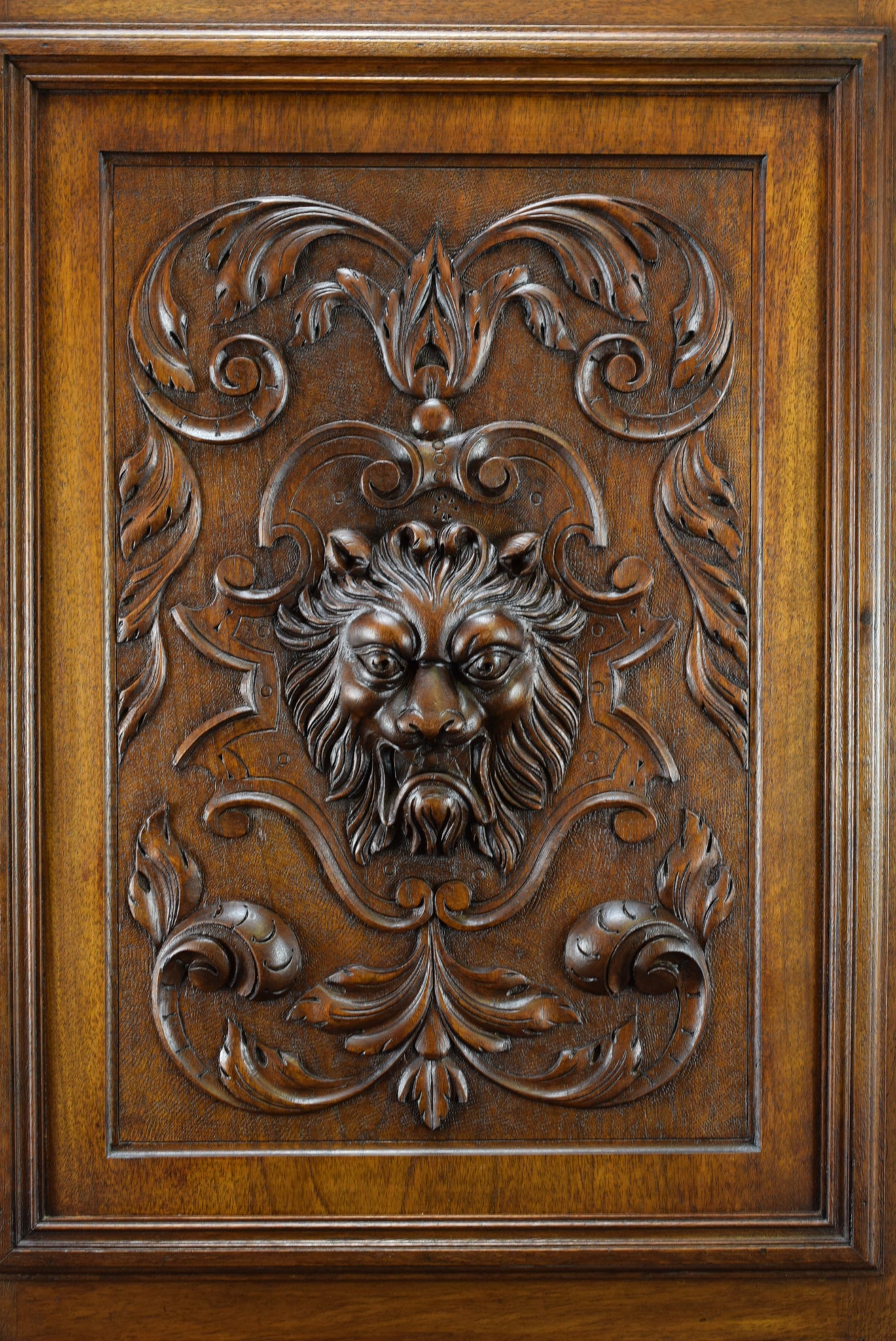 Lion Hand Carved Walnut Wood Door Panel