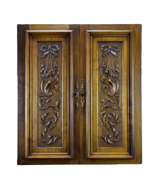 Pair Carved Wood Panel Cabinet Closet Door Escutcheon