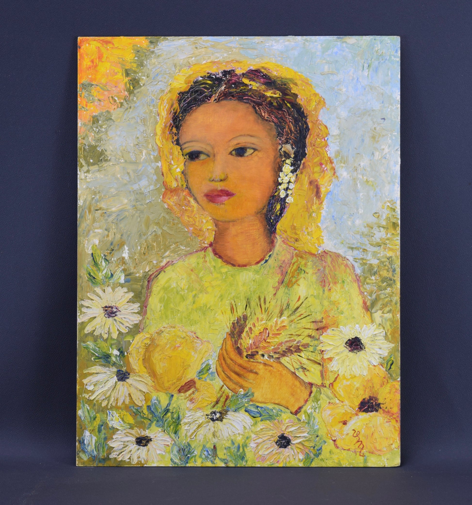 Yellow Oil Painting Woman Portrait Flowers