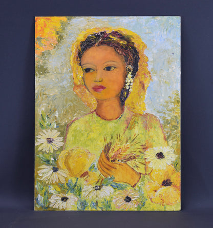 Yellow Oil Painting Woman Portrait Flowers
