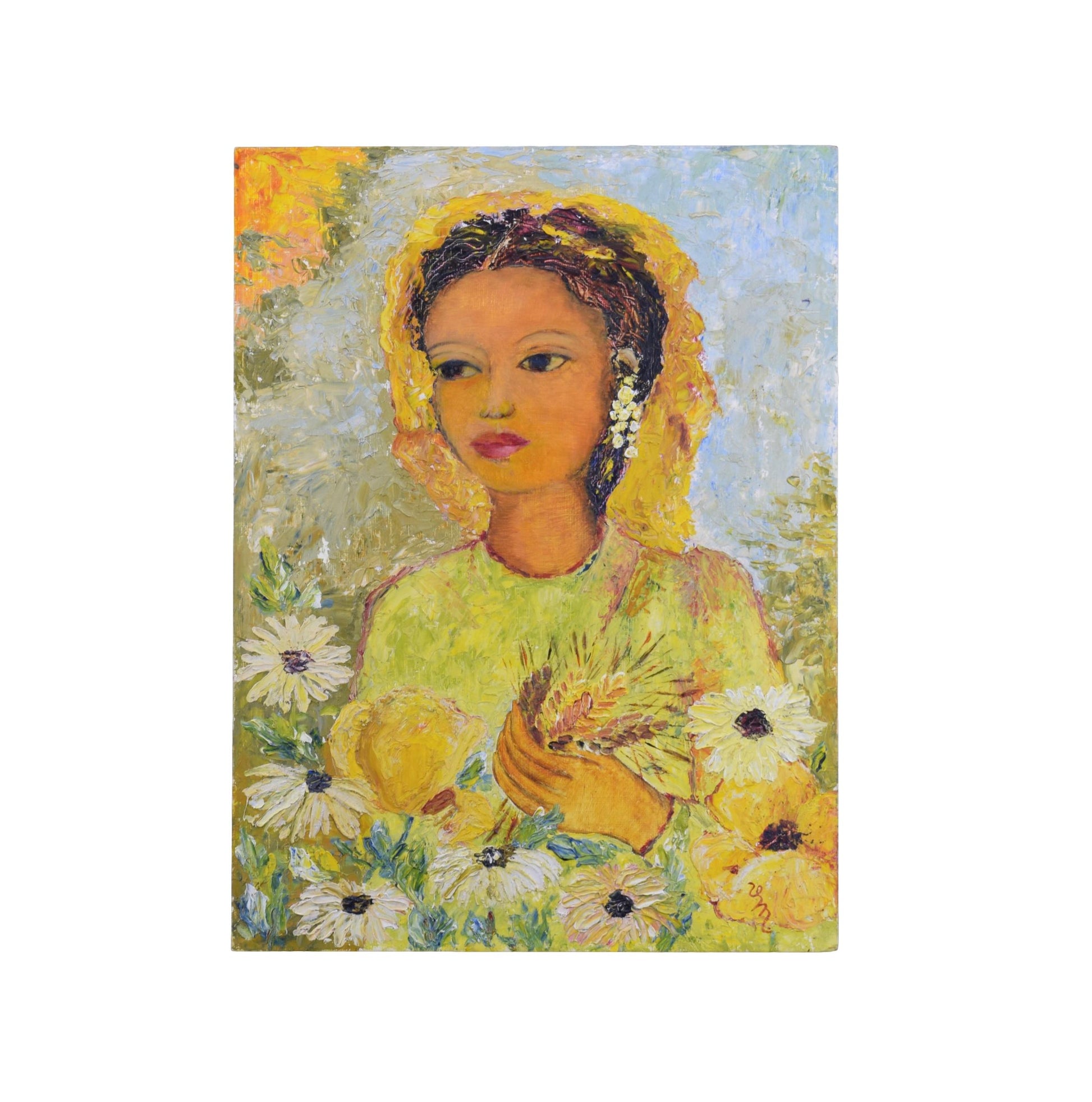 Yellow Oil Painting Woman Portrait Flowers