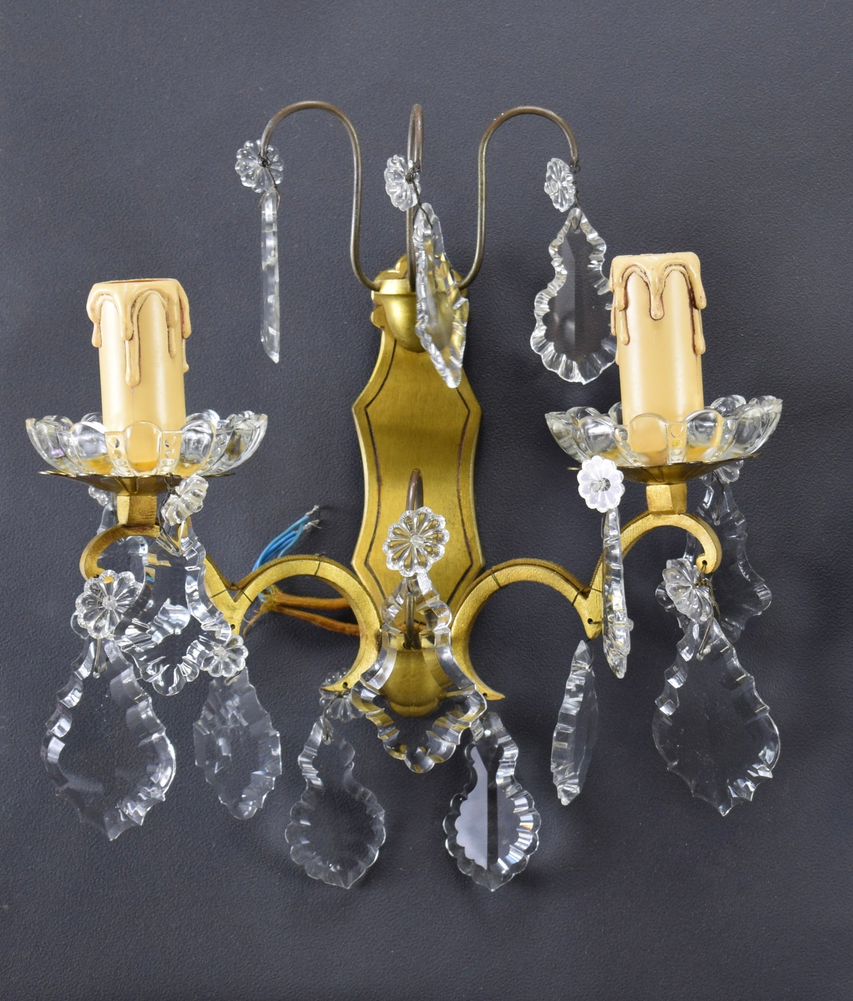 Pair of Vintage Wall Sconces Glass Drop Bronze Lighting Lamp