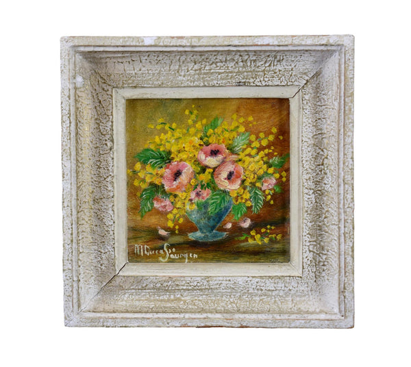 Oil Painting Bunch of Mimosa Flowers Signed Floral Still Life