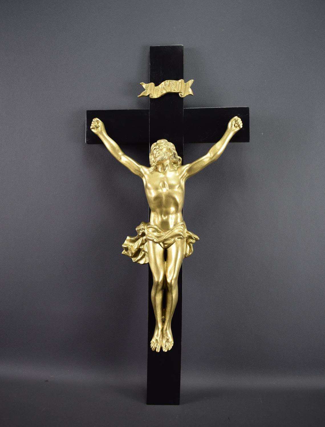 VINTAGE French Antique Large Bronze Cross Crucifix 19th 21 1/4 inches 