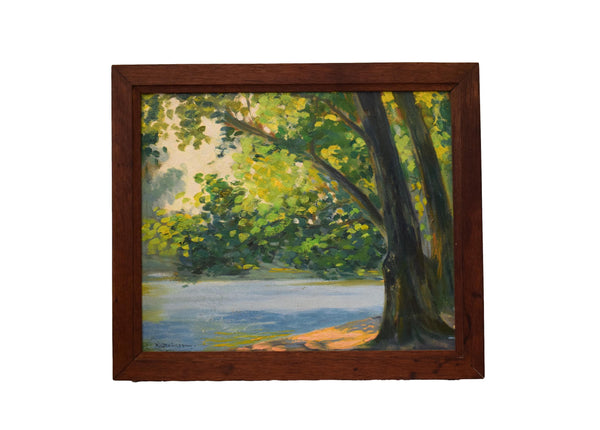 Impressionist Signed Oil Painting Drivon Lake Green Tree