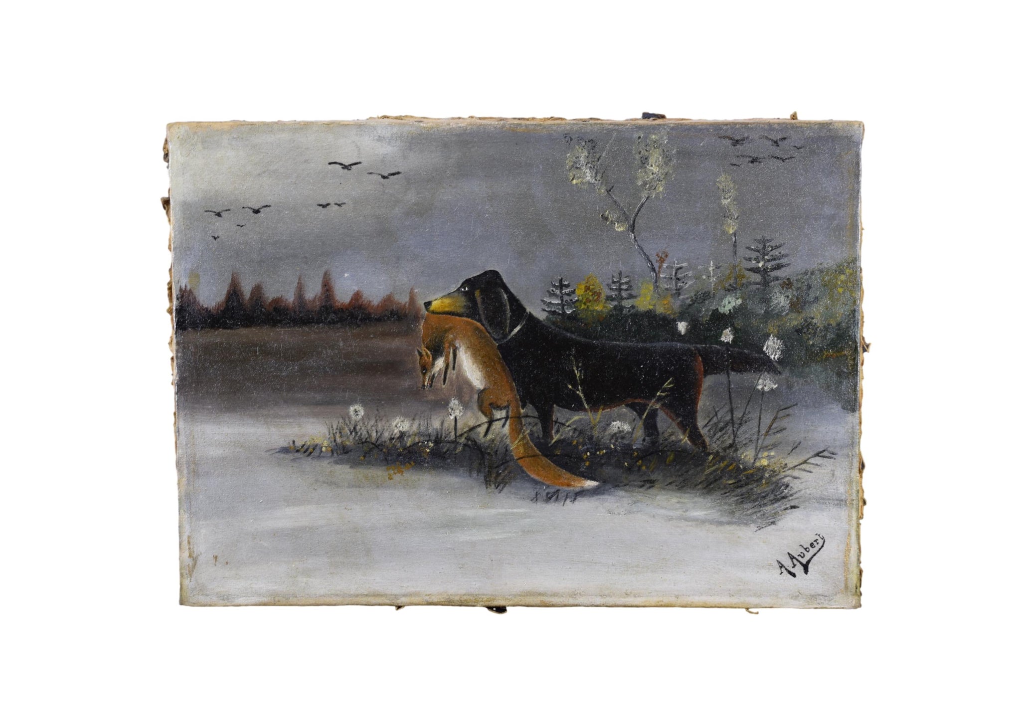 Vintage French Painting Hunting Dog Fox Snow Signed Naive School