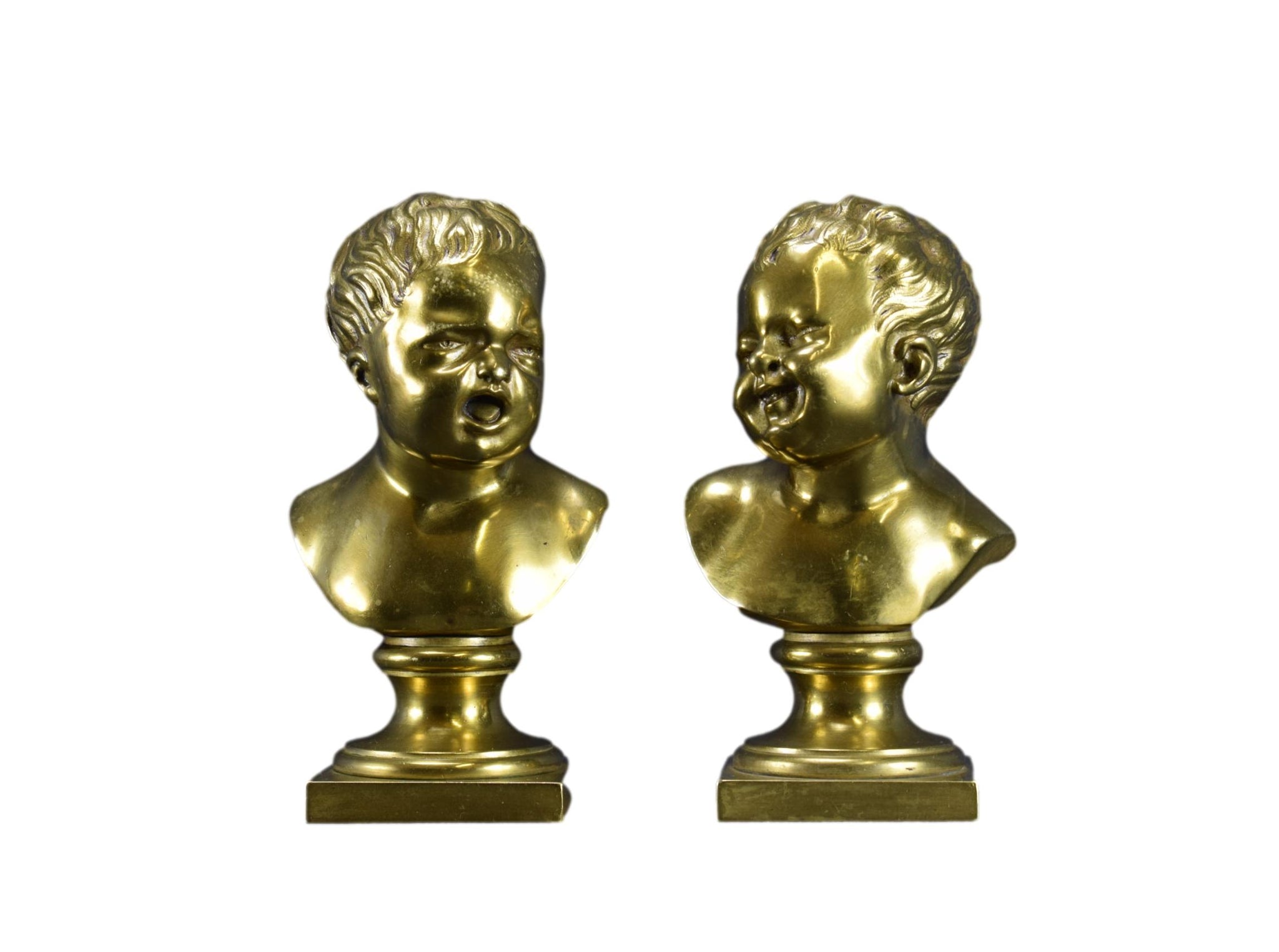 Pair Bronze Statues Busts Houdon The Laughing Child The Crying Child John