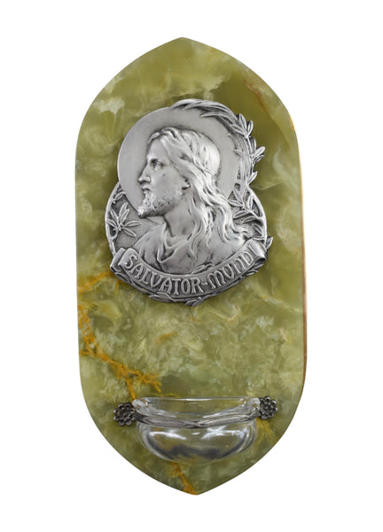 Salvator Mundi Art Nouveau French Green Onyx  Jesus Holy Water Font Benitier Waterfont Communion Gift By Burger