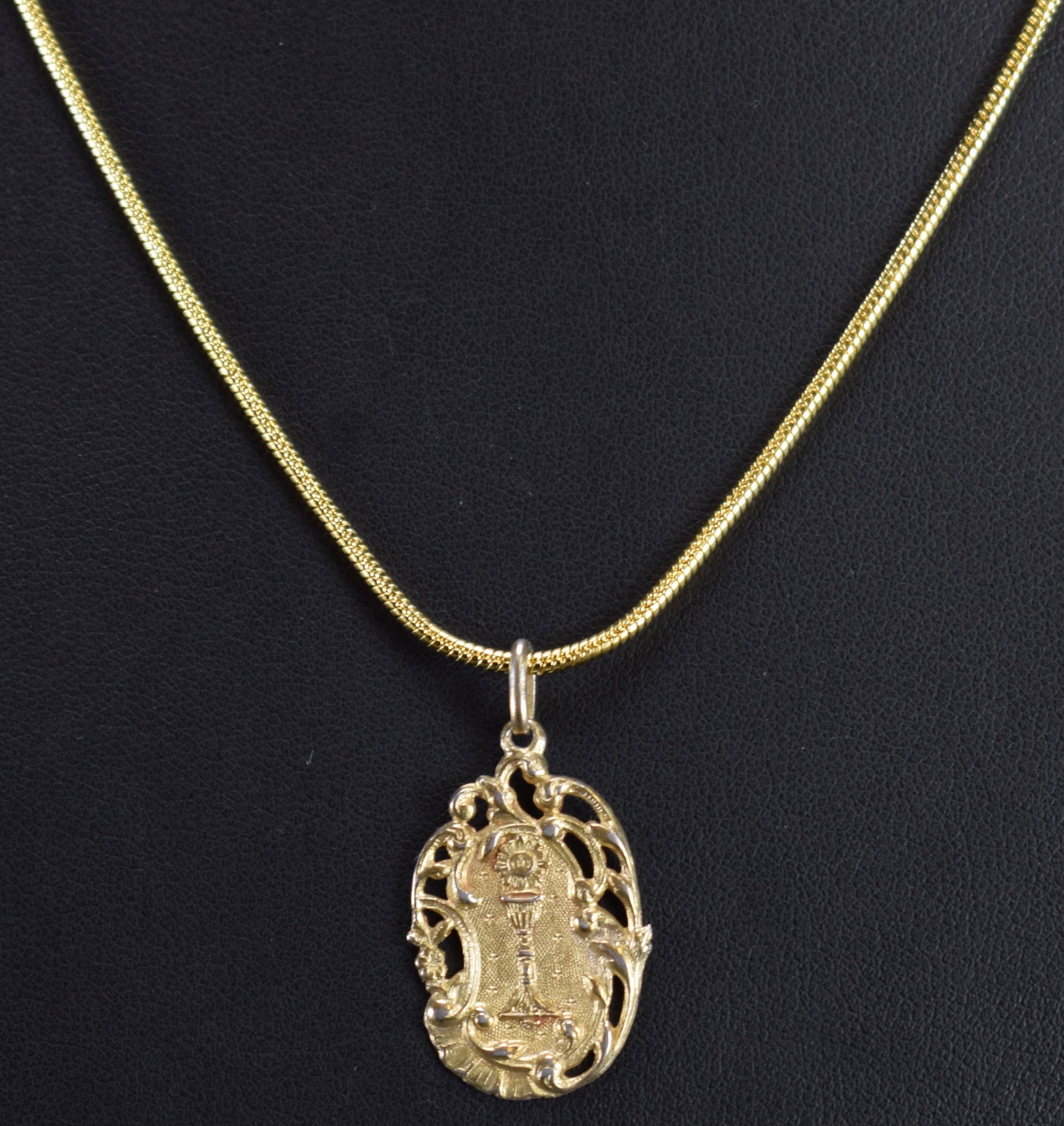 Gold Sterling Silver Chalice Communion Medal Necklace Rococo