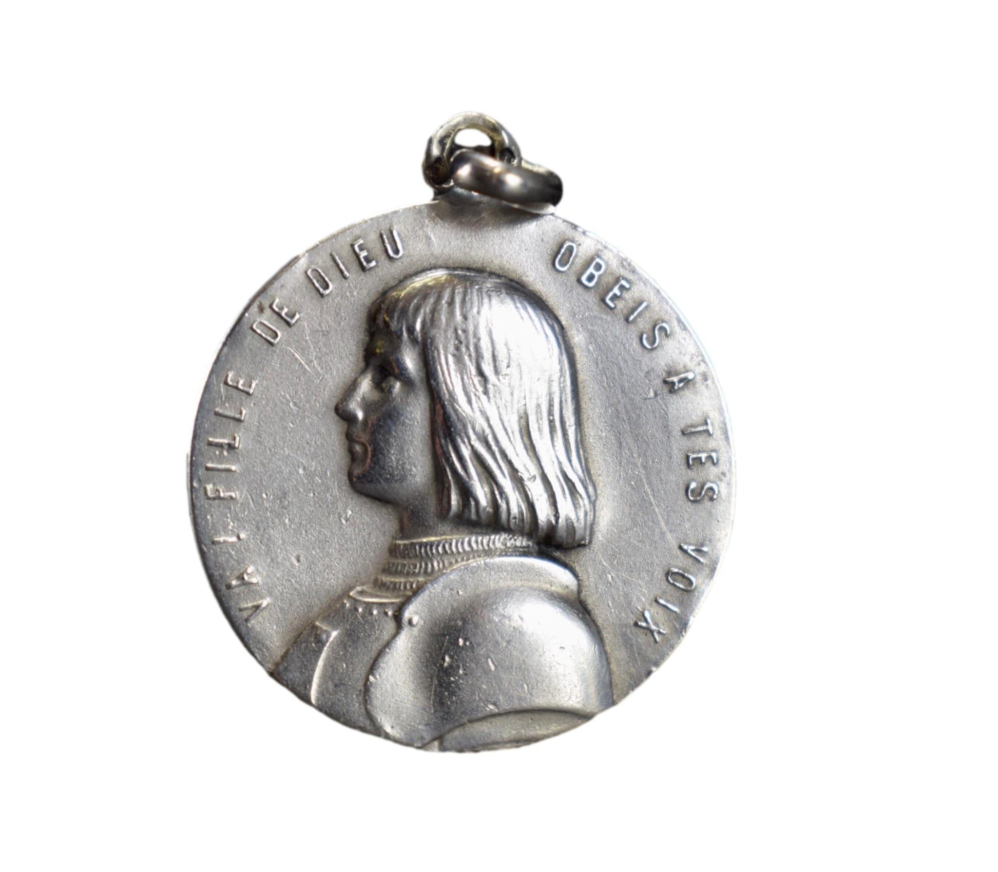 Saint Joan of Arc Medal Antique Sterling Silver Pendant