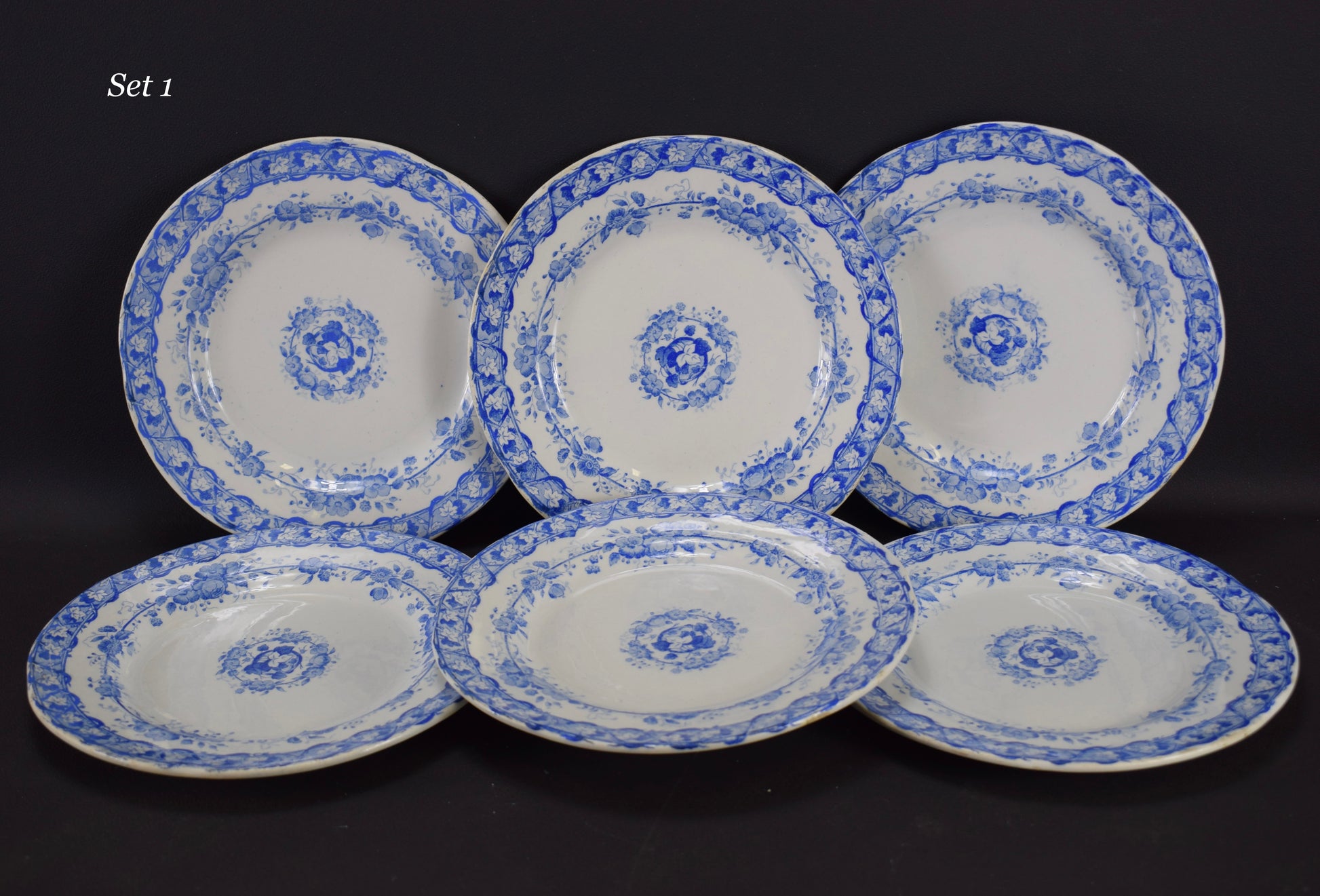 Creil & Montereau Blue Transferware Set of 6 Dessert Plates Vine Salad