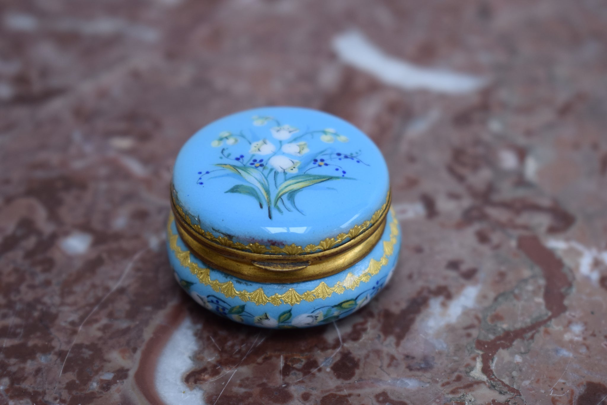 Victorian Enamel Pill Box Lily of the Valley Blue Turquoise 