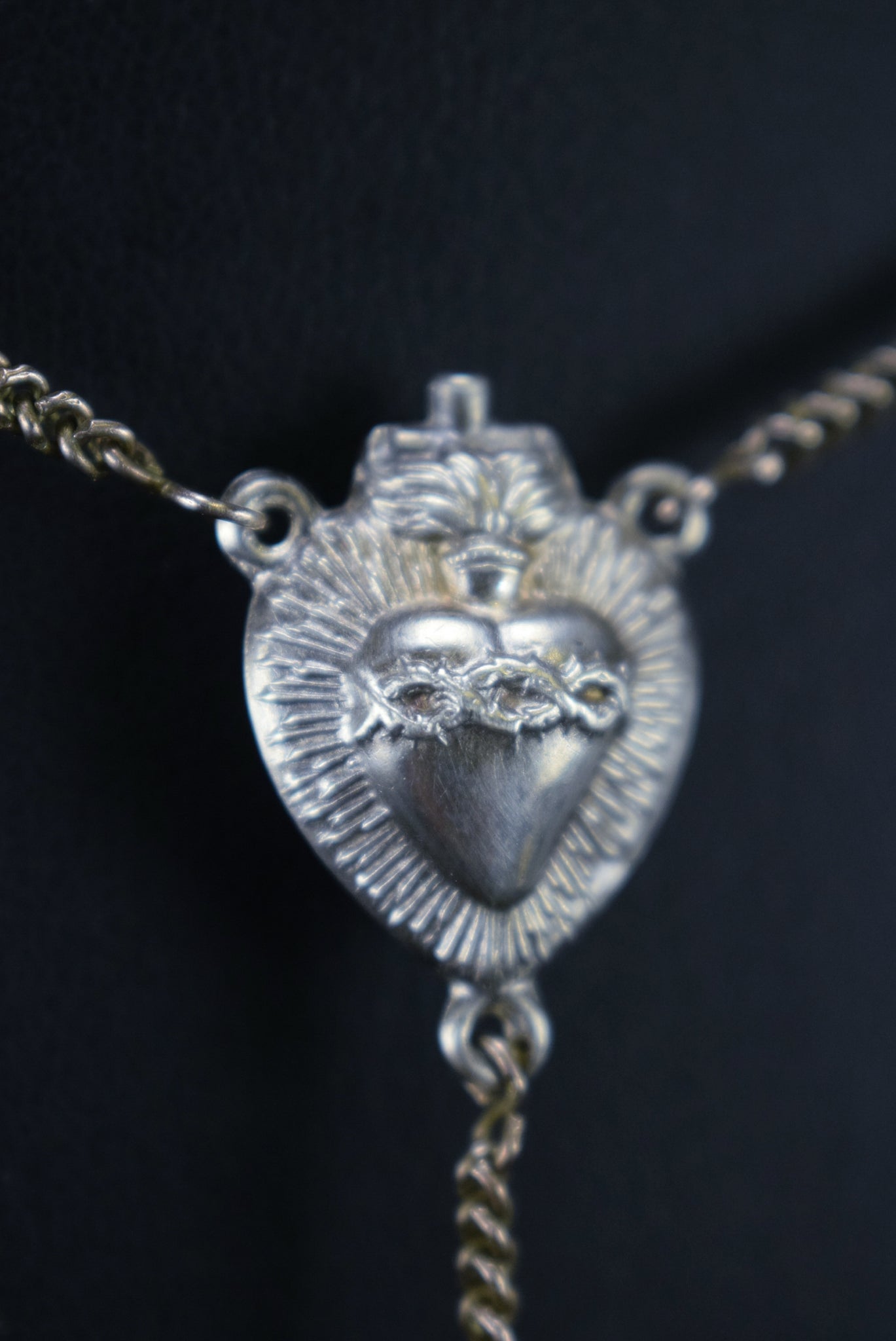 Rare Antique Black Beads Saced Heart Rosary Lourdes