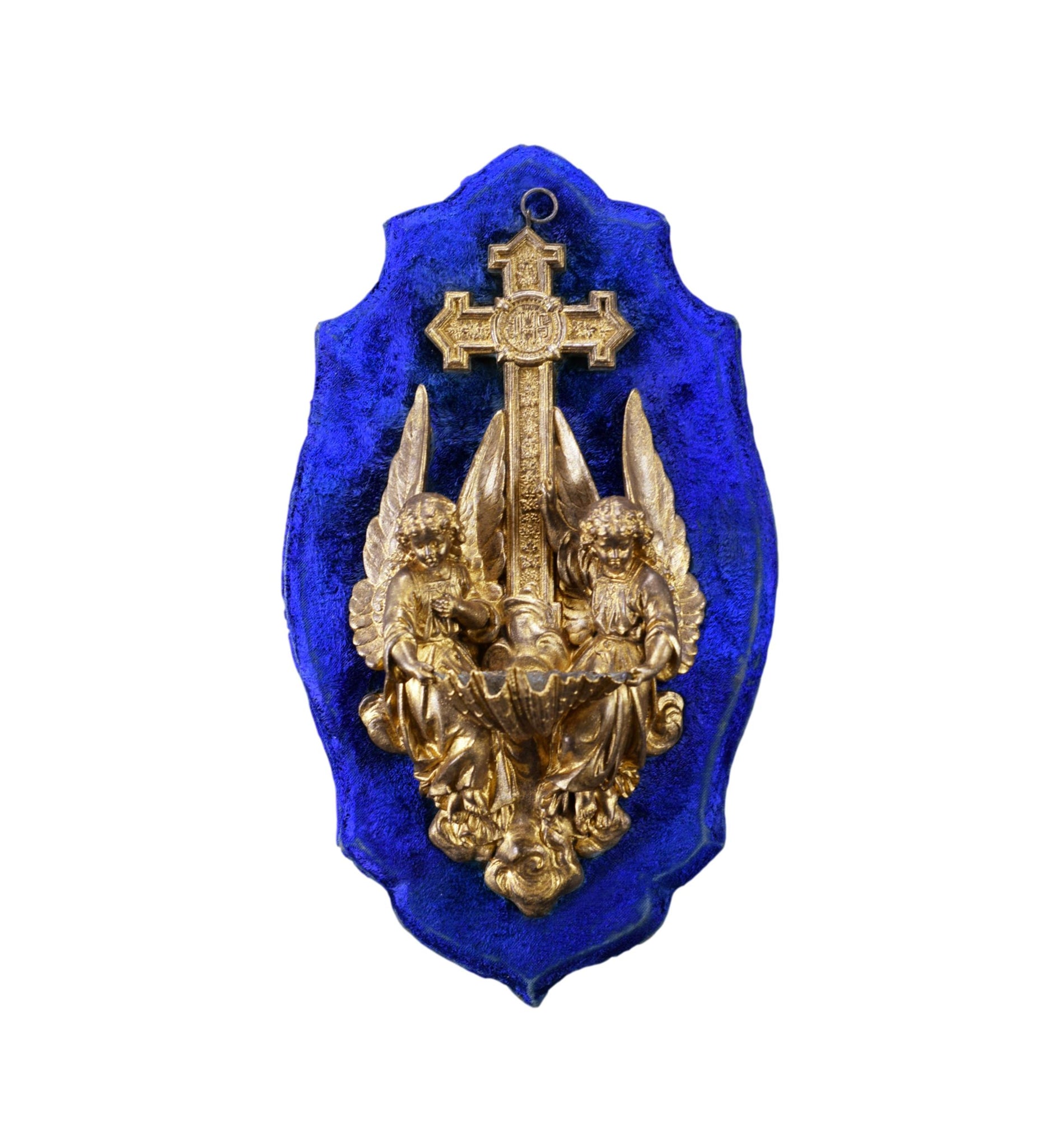 French Blue Wall Hanging Holy Water Font Angels